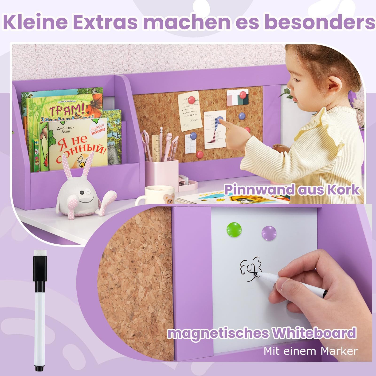 COSTWAY Kinderschreibtisch mit Stuhl Set, Holz, Sitzgruppe mit Bücherregal