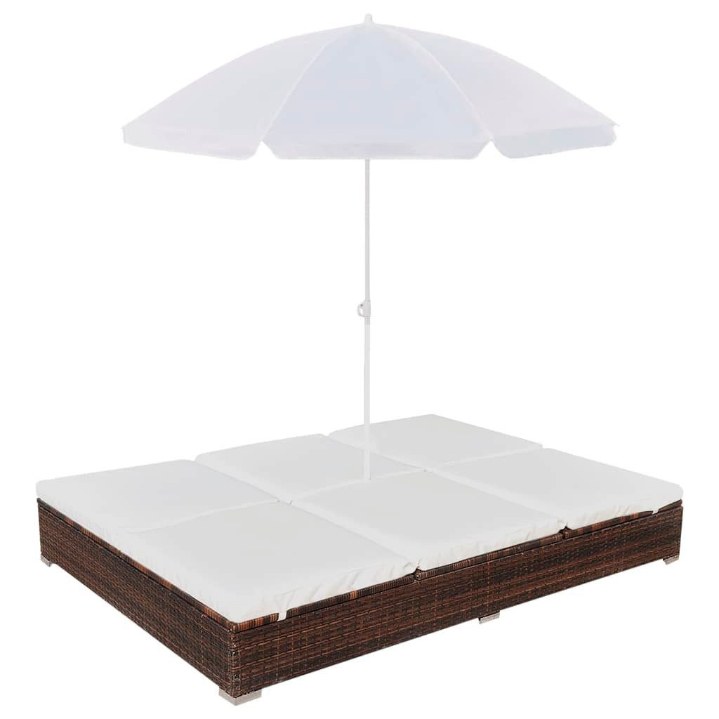 furnicato Bett Rattan-Sonnenliege für 2 Personen 197x140x190 cm Braun mit Cremeweiß, Witterungsbeständige Chaiselongue mit UV-Schirm und 7 Positionen