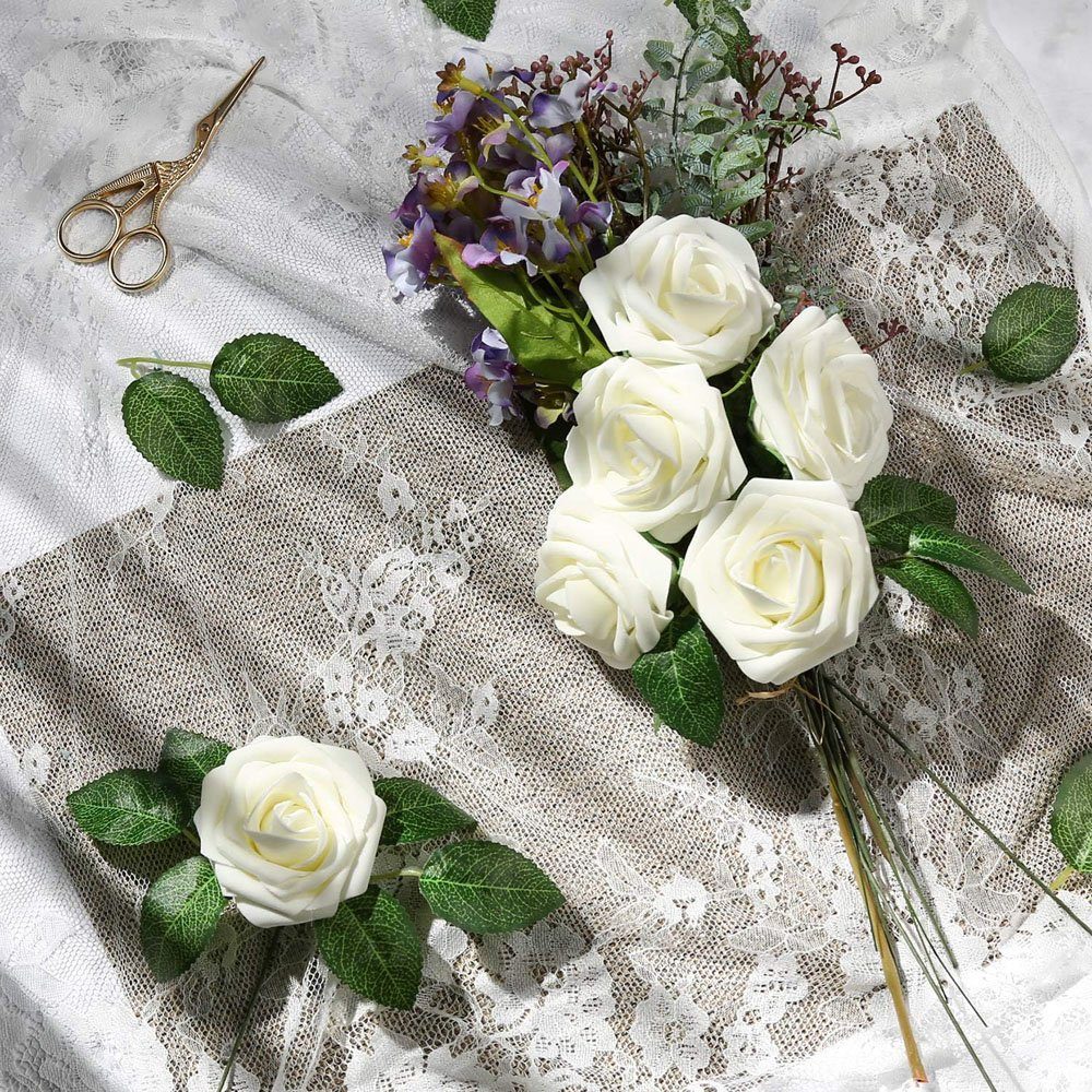 Kunstblumenstrauß 25 Stück Deko Rosen CTGtree Blumen Milchweiß, Künstliche