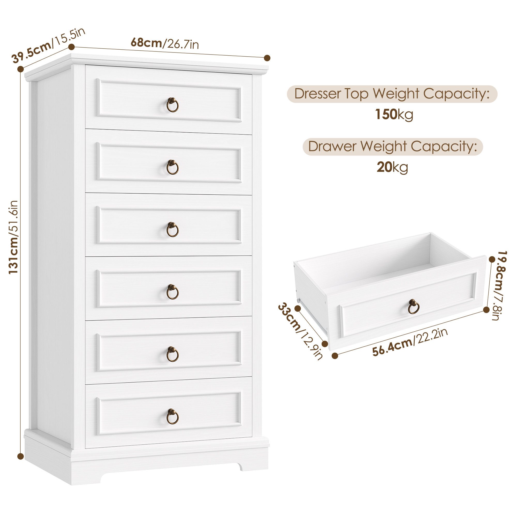 HOMECHO Hochkommode, 131cm Hoch Kommode mit 6 Schubladen, Weiß