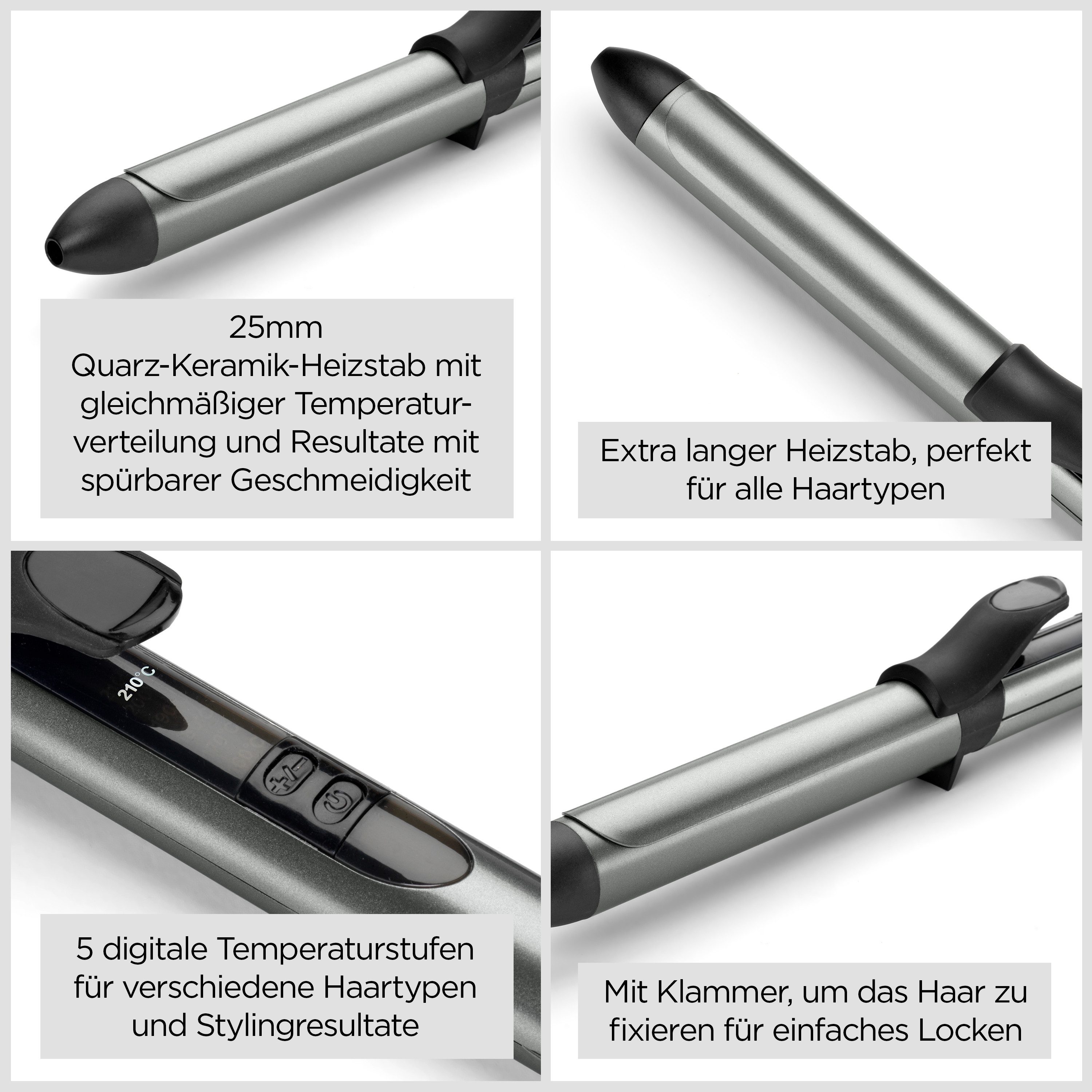 BaByliss Lockenstab Xanadu 25mm Lockenstab mit Klammer, C261E, Keramik-Beschichtung, Quarz-Keramikbeschichtung, 6 Temperaturstufen, für definierte Locken grau|grün