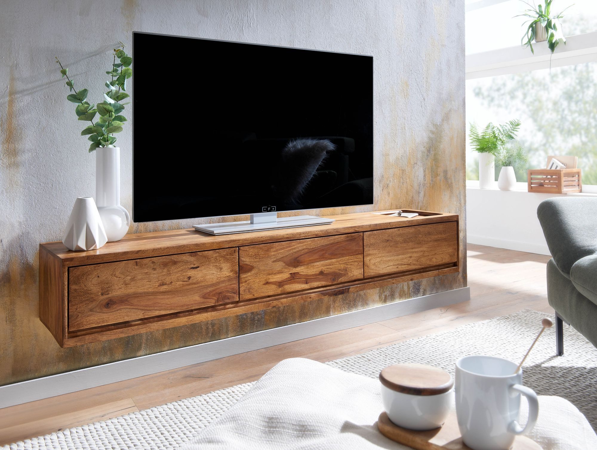 furnicato Lowboard TV-Unterschrank Massivholz Walnuss Finish 160x25x35 cm Braun (1 St), 3 Schubladen inklusive Ablage-Lowboard für dein Wohnzimmer