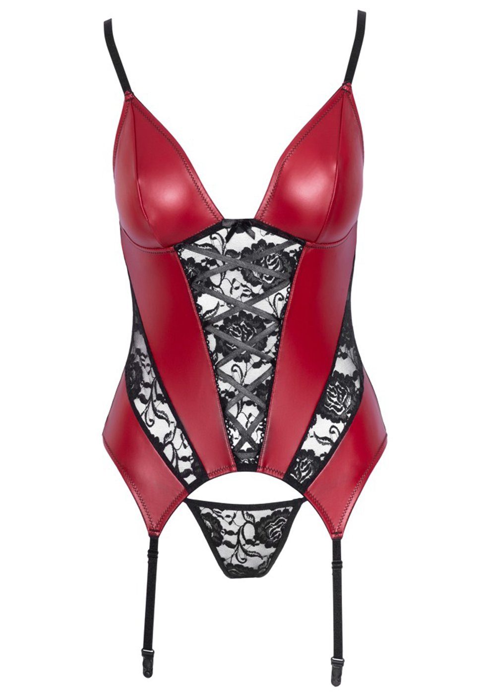 Cottelli Collection Set: Bügelloser BH Strapshemd mit String im Wetlook und Spitze - schwarz, rot (2-tlg) In aufregendem Stoff-Mix!
