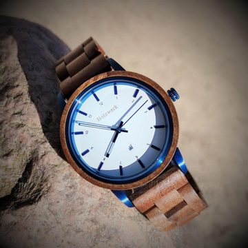 Holzwerk Quarzuhr GARDING Damen & Herren Holz Armband Uhr mit Datum, braun, weiß & blau