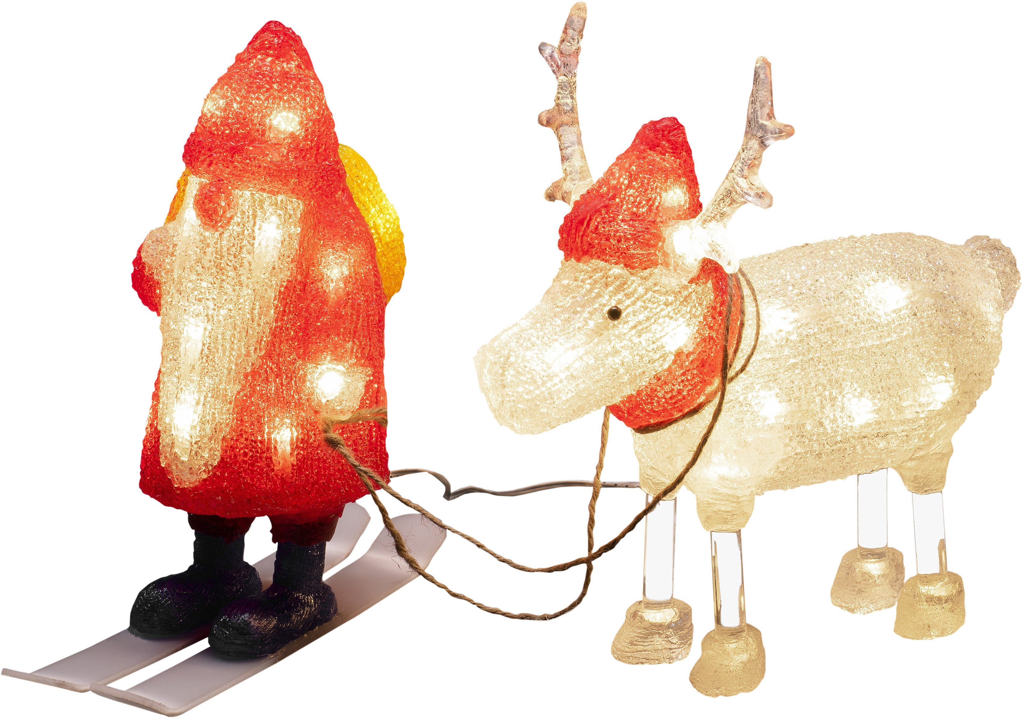 KONSTSMIDE LED Dekofigur Acryl Weihnachtsmann und Rentier, Weihnachtsdeko rot aussen, LED fest integriert, Warmweiß, 40 warm weiße Dioden | Leuchtfiguren