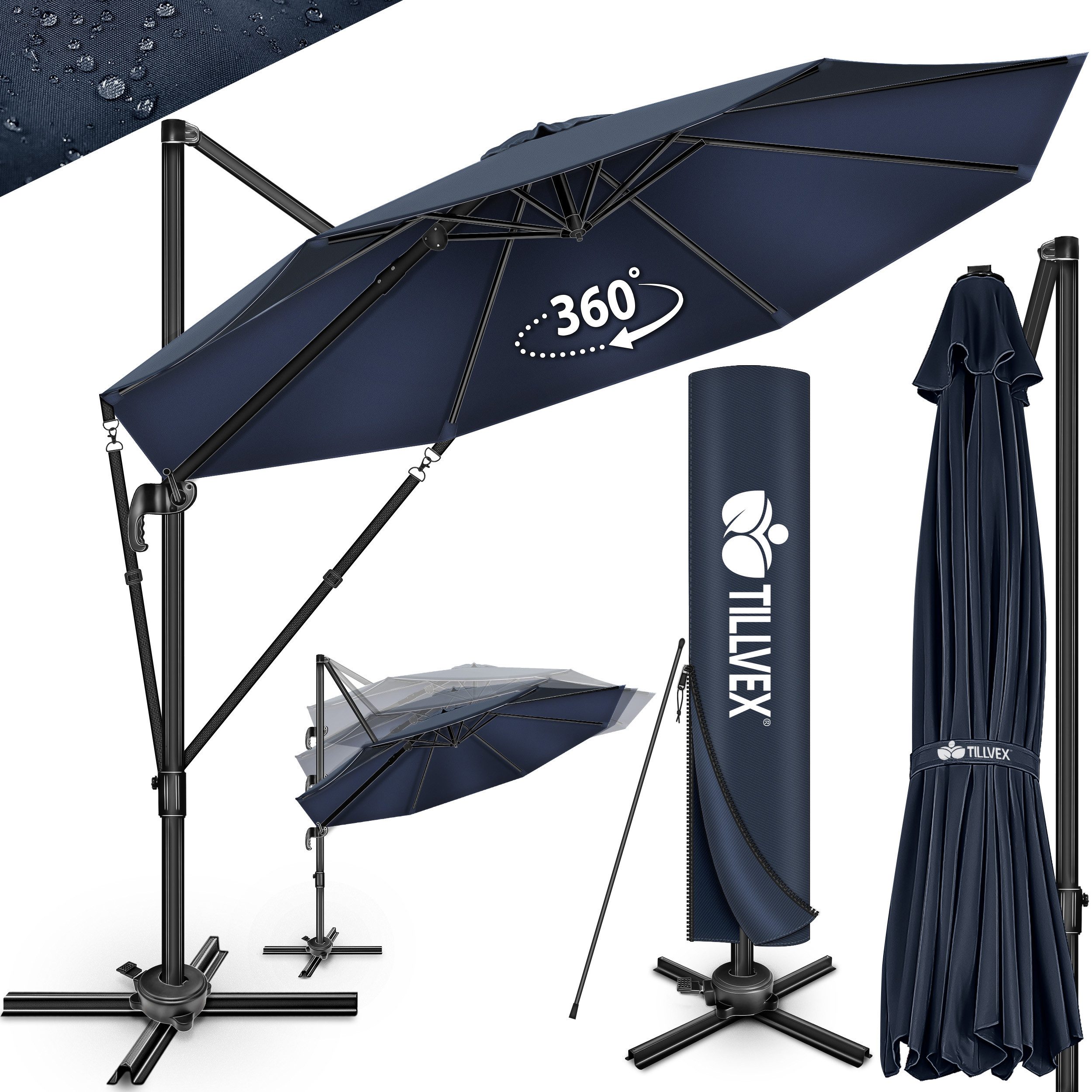 tillvex Sonnenschirm tillvex® Premium Alu Sonnenschirm 330 cm + Abdeckung & Windsicherung, Premium-Series, Ampelschirm 6-fach Verstellbar mit Kurbel