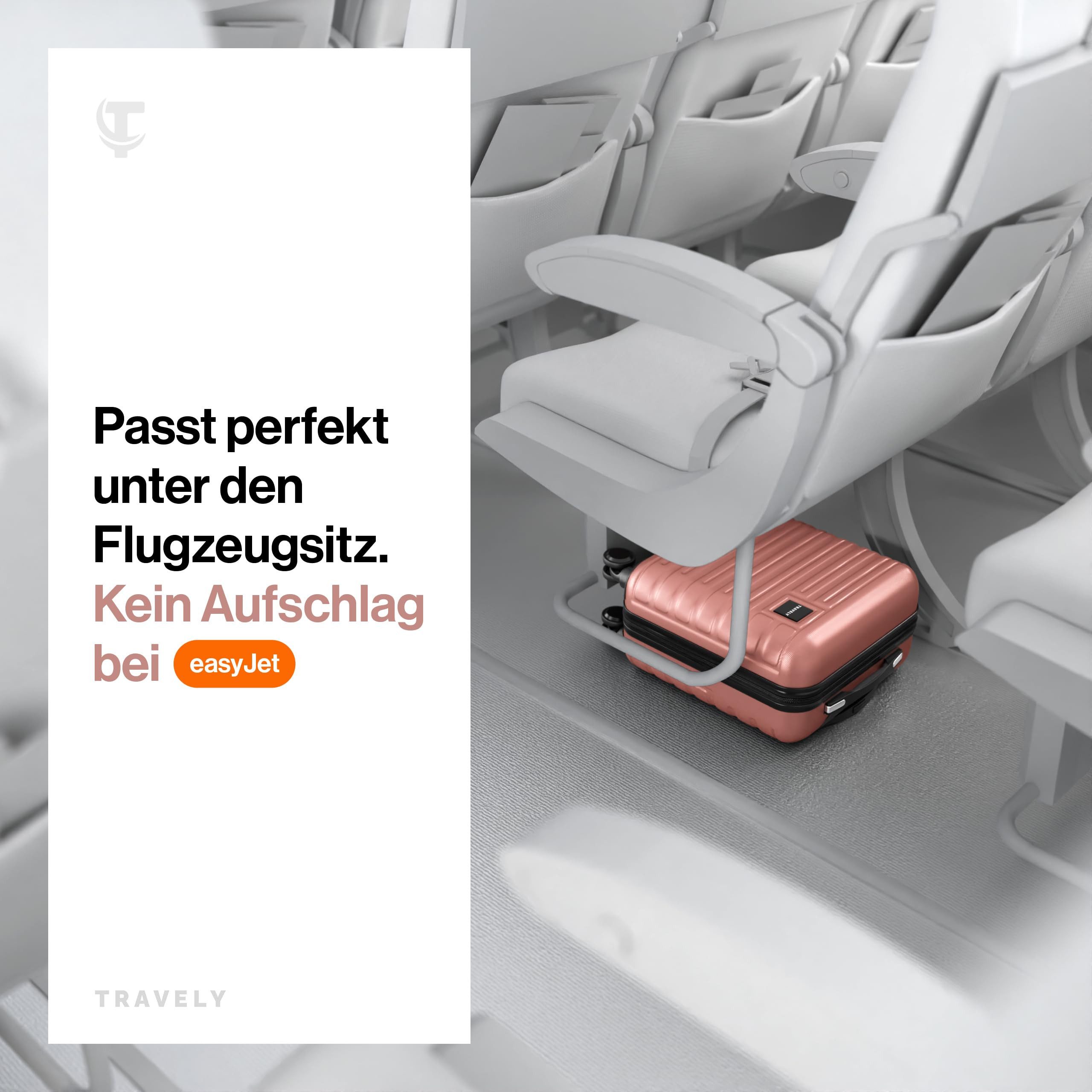 Travely Koffer Polycarbonat Handgepäck Koffer 45x36x20cm - für Easyjet etc, 4 Rollen, Designed in Germany, austauschbare Griffe und Rollen
