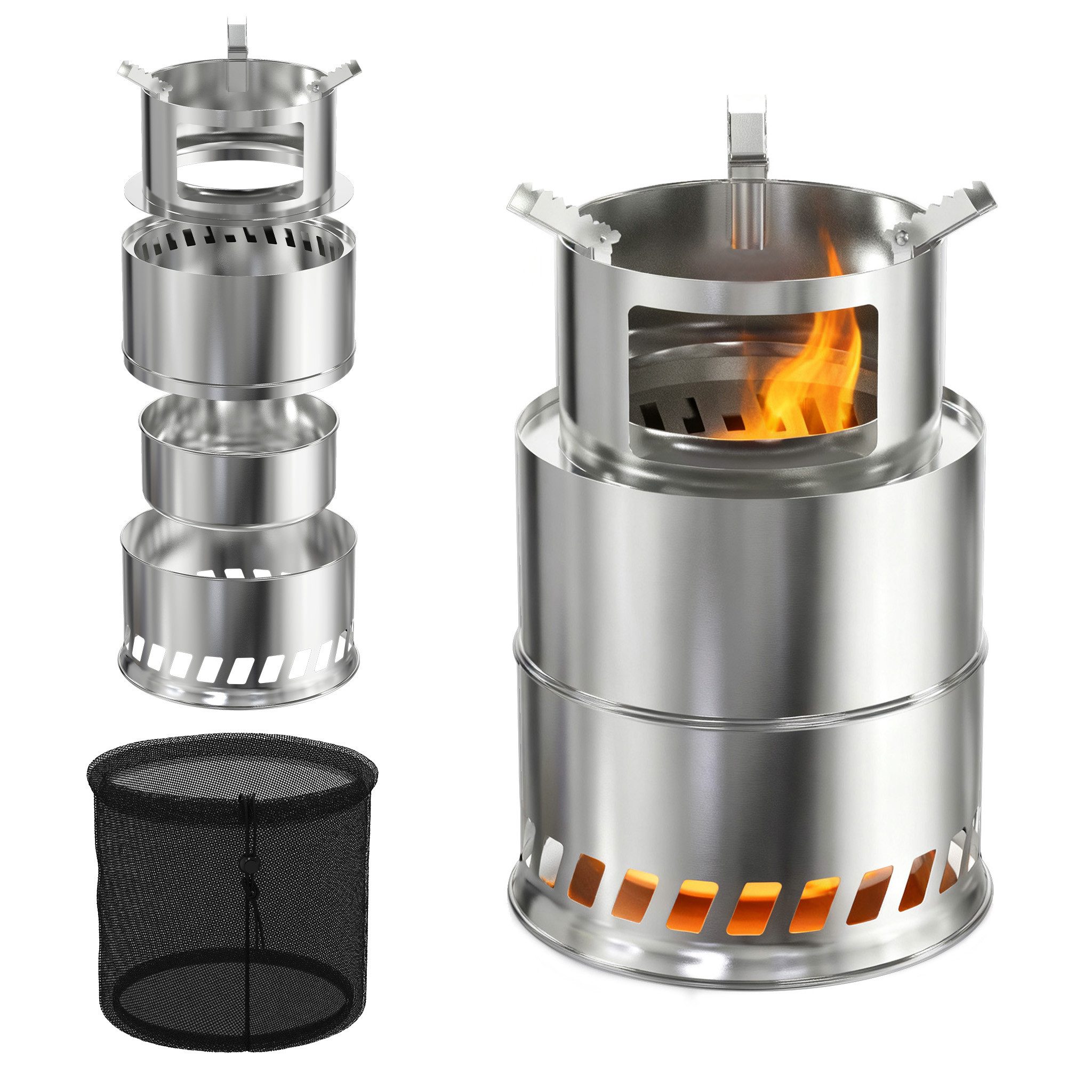 FIVMEN Feuerschale Campingkocher Feuerschale Outdoor Holzvergaser Kocher Edelstahl, Tischkamin mit Aufbewahrungstasche Camping Holzofen, Silber