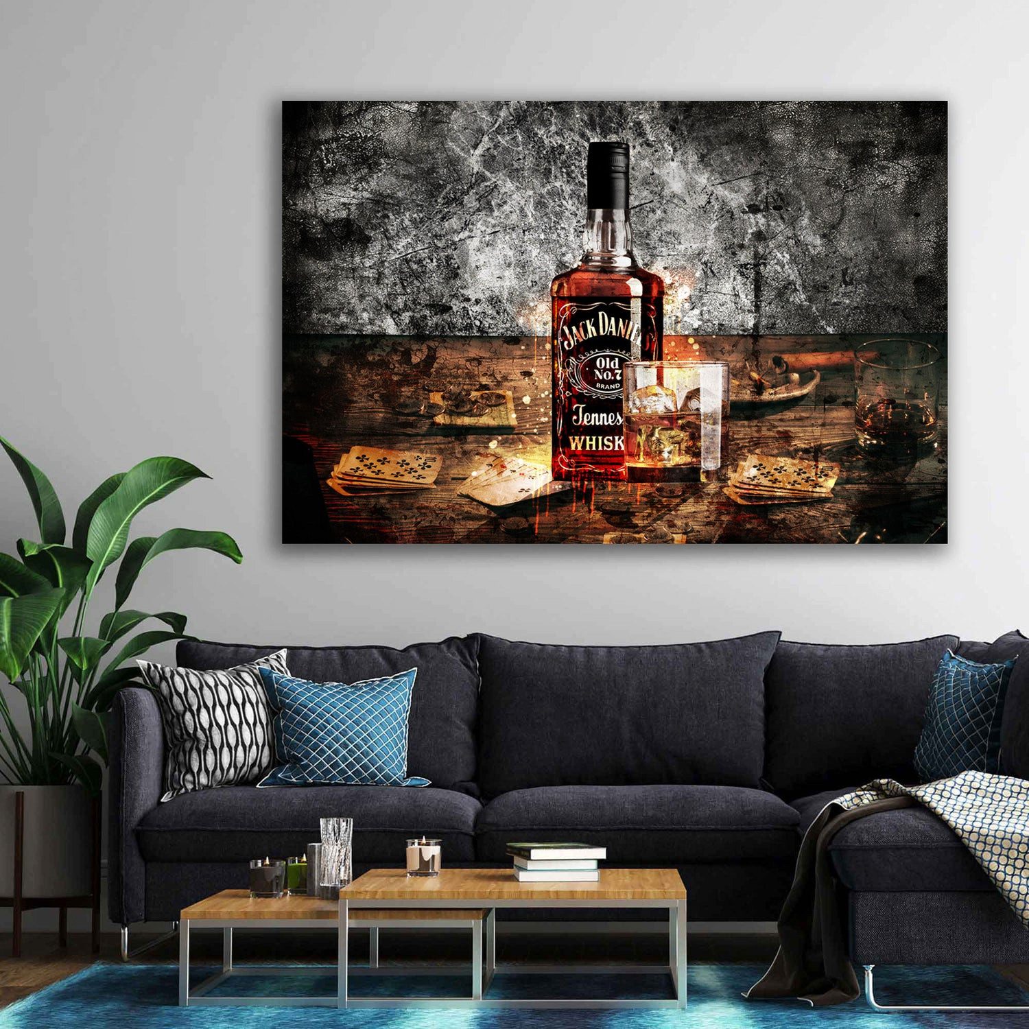 Artedinoi Leinwandbild Whiskey Flasche und Glas Wandbild Leinwandbild Jack Kunstdruck XL Wand, Whiskyflasche mit gefülltem Glas