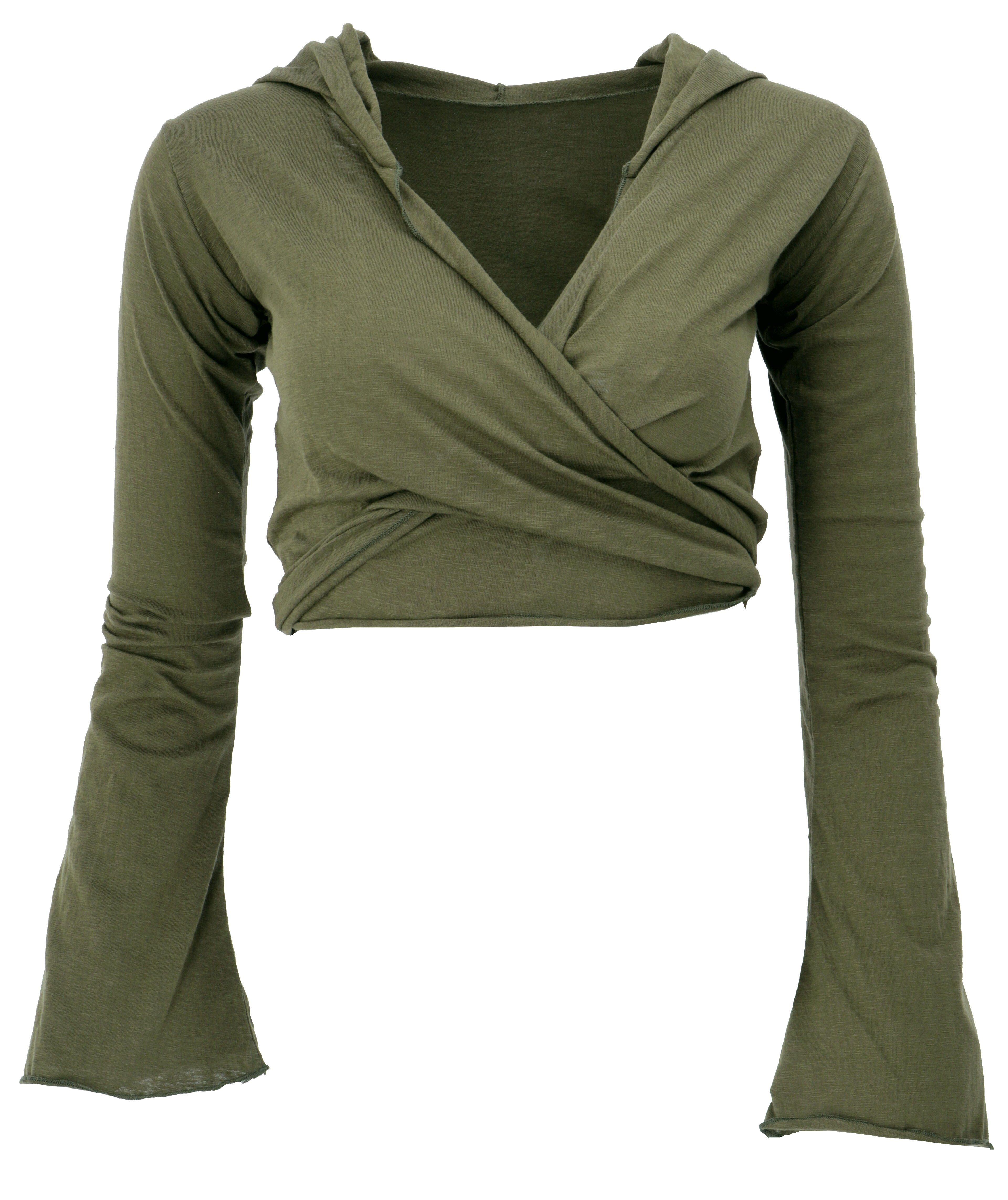 Guru-Shop Longsleeve mit.. Yogatop, Wickeltop, Bekleidung olivgrün Langarmshirt alternative