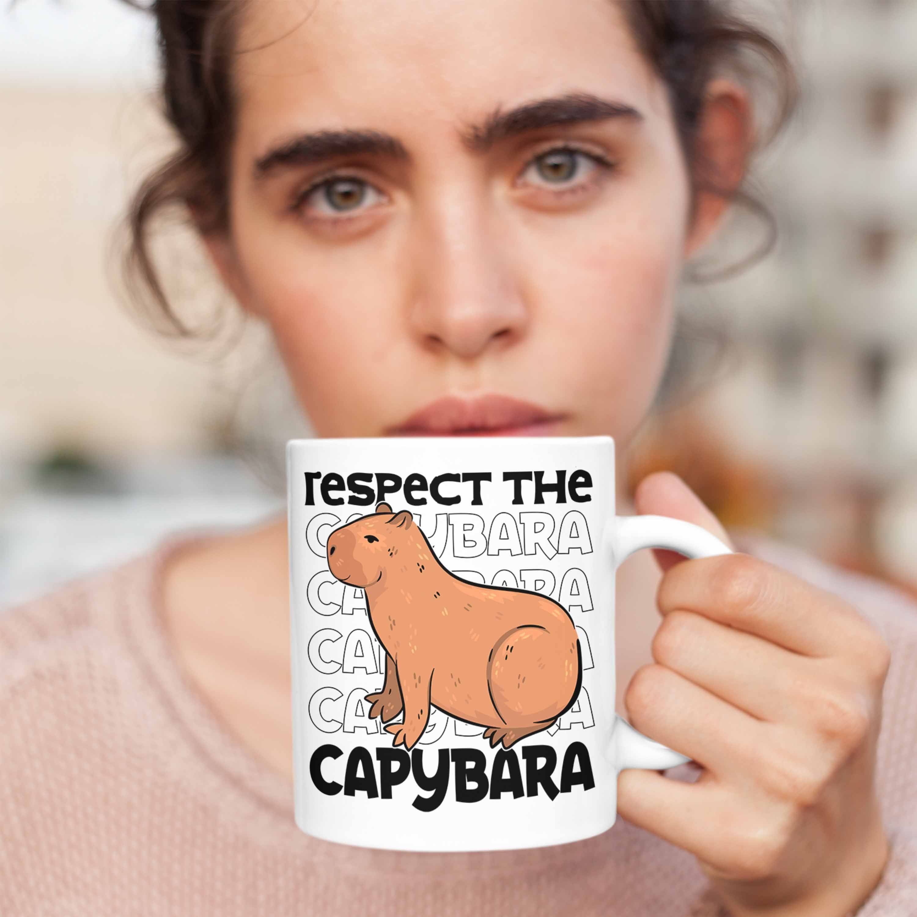 The Trendation Tasse Weiss Respect Capybara für Capy Kaffeetasse Geschenk Tier Capybara Tasse