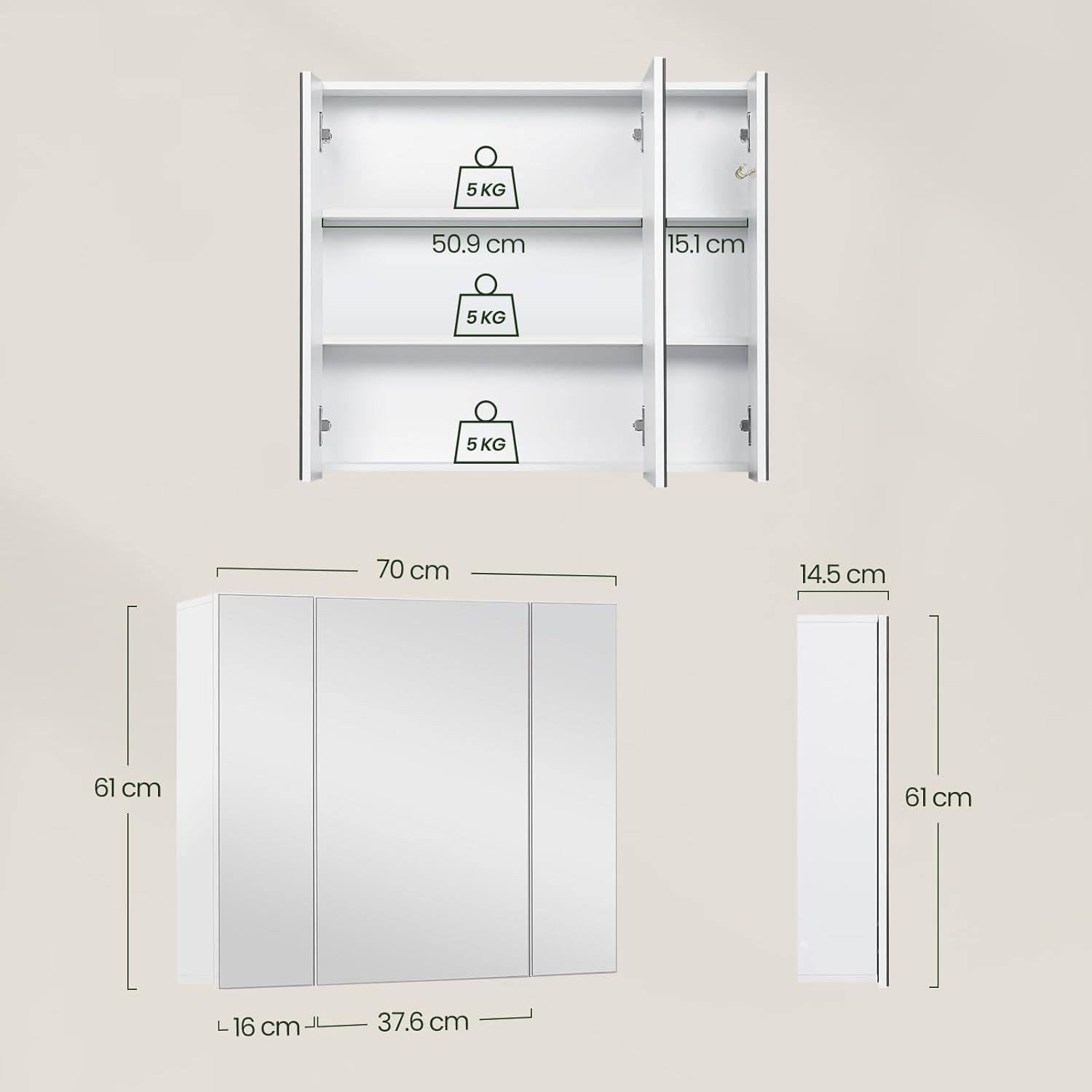EUGAD Spiegelschrank (1-St) mit 3 Türen mit verstellbaren Einlegeböden und Haken