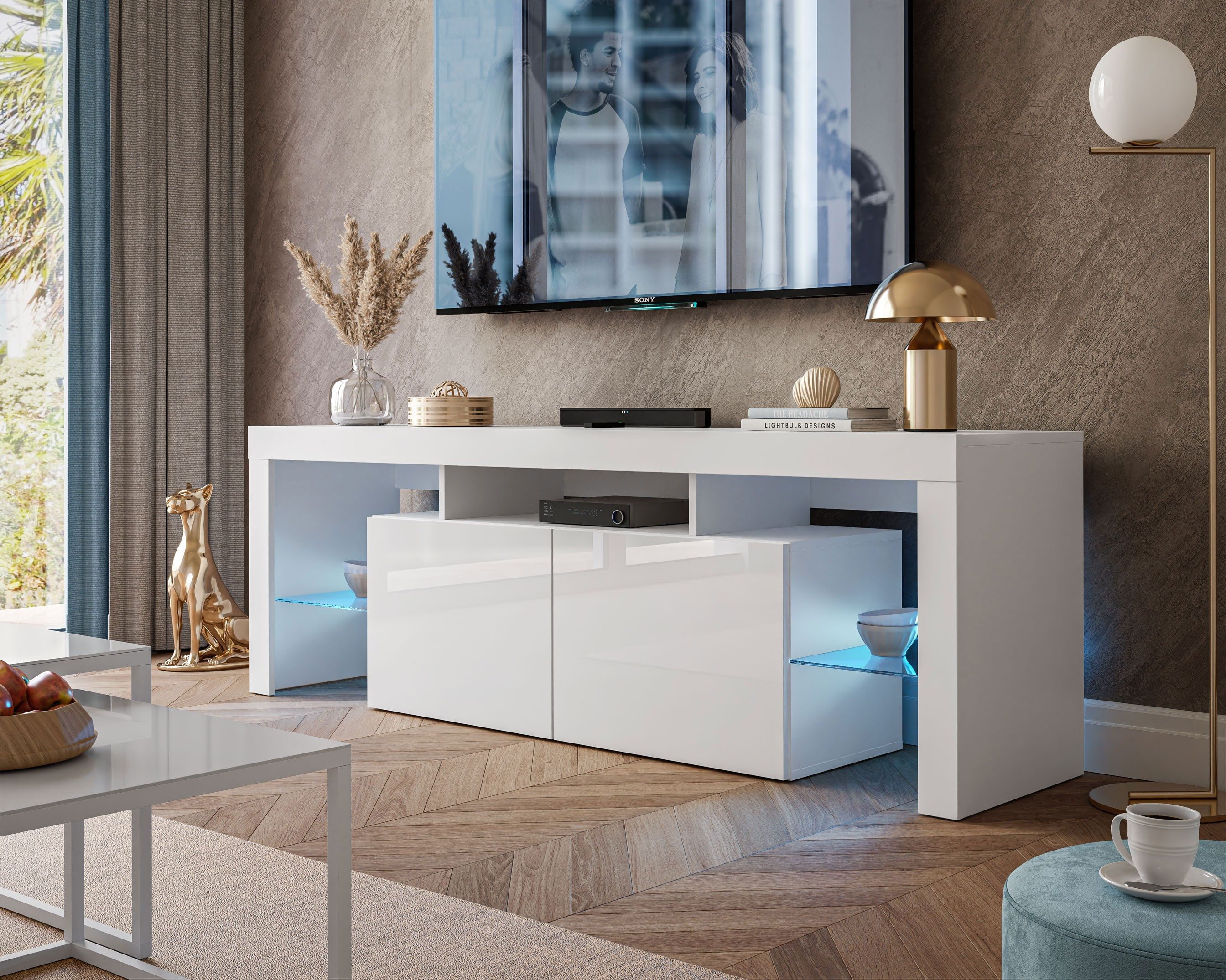 ALLHOUSE24 Lowboard LOGANTE mit Überlage TV Schrank 165 cm Breite mit LED Beleuchtung (1x TV Schrank), Breite 164,9 cm