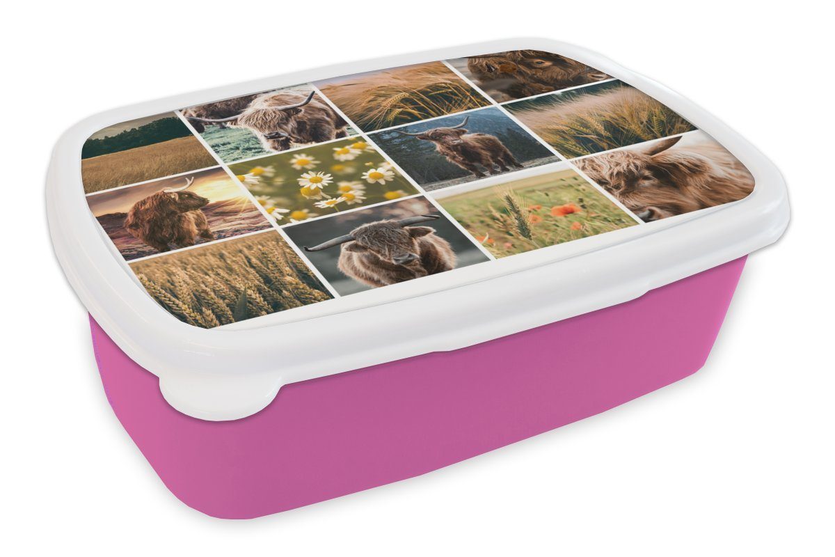 MuchoWow Lunchbox Schottischer Highlander - Collage - Blumen - Garten, Kunststoff, (2-tlg), Brotbox für Erwachsene, Brotdose Kinder, Snackbox, Mädchen, Kunststoff rosa
