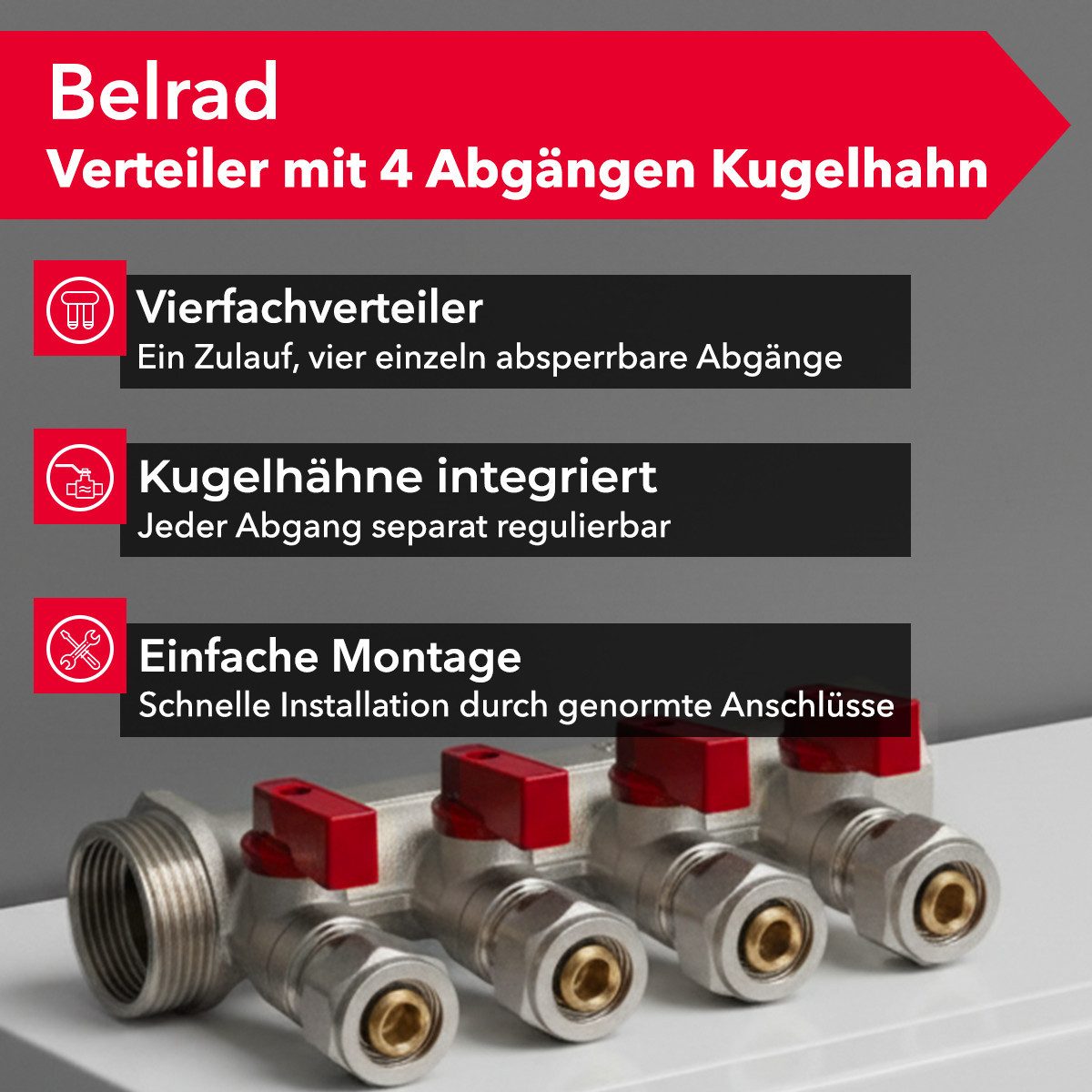 Belrad Gewindefitting Heizkreisverteiler für Heizungen BLR414, 4 Abgänge mit Kugelhahn, (einzel, 1-tlg), Eurokonus 1/2" 16 mm, 1" AG/IG, vernickeltes Messing, 35 mm Abstand