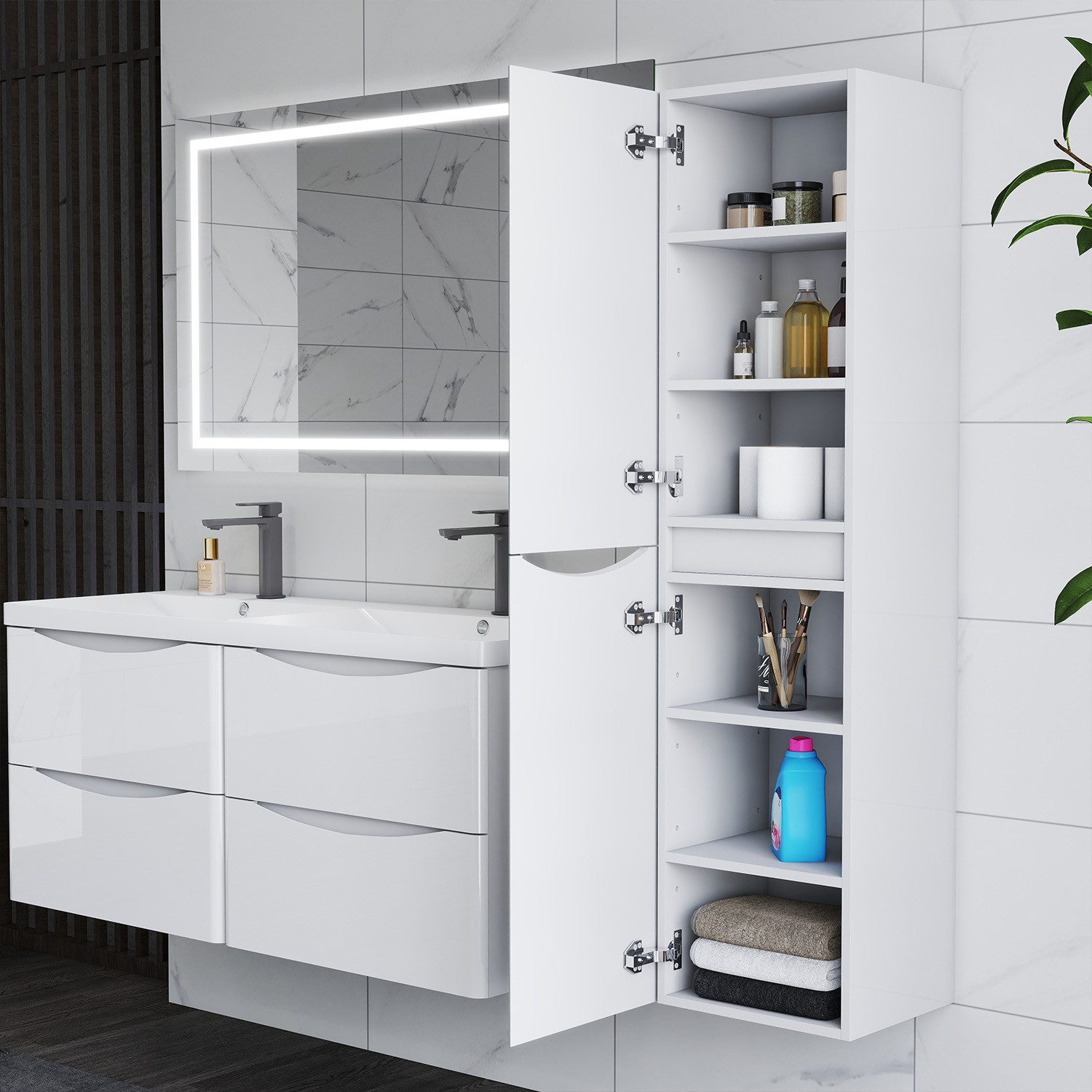 duschspa Doppelwaschtisch 120cm Waschtisch mit Unterschrank Waschbecken mit Badschrank – Bild 5 von 5