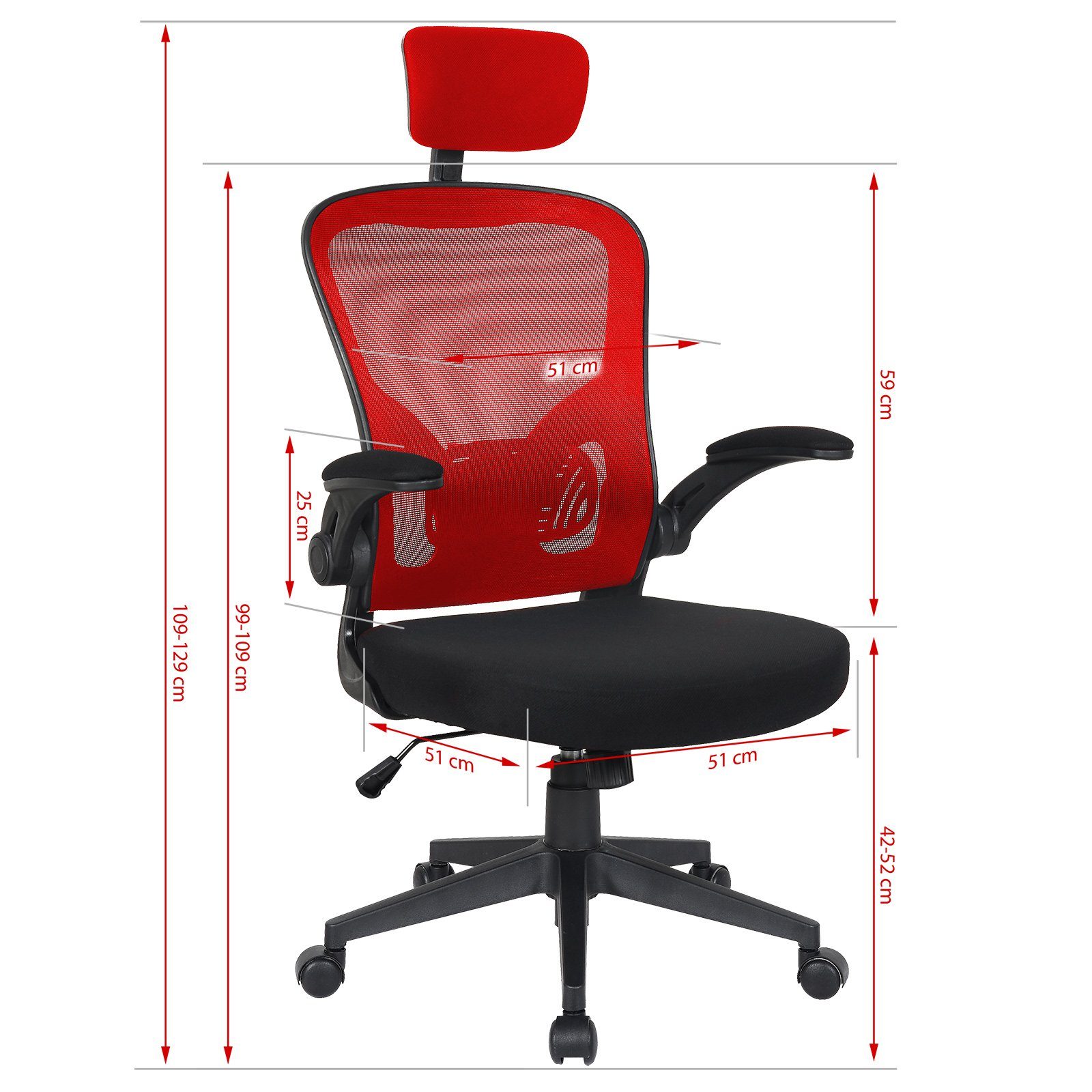 TRISENS Armlehnen Bürostuhl / (1 Mesh-Optik Home Harry Chair Chefsessel Schwarz in Kopfstütze mit Rot mit Office Stück), hochgeklappten