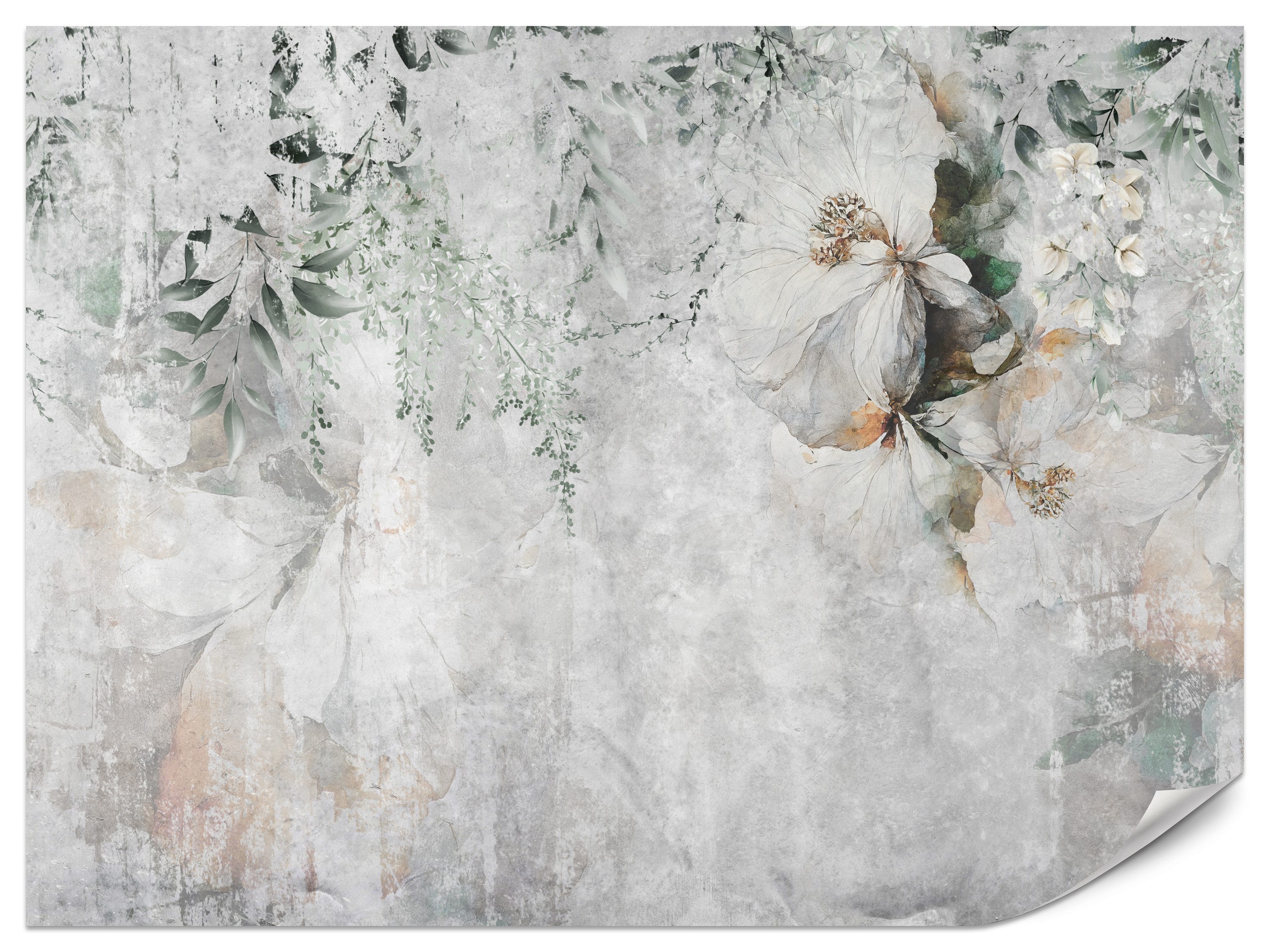 Muralo Fototapete Vliestapete - Weiße Blüten mit grünen Blättern auf grauem Hintergrund, Glatt, Grafisch, (Packung, 1 St., 100x70 cm), Kleber im Set, 3D-Optik, Ins Schlafzimmer