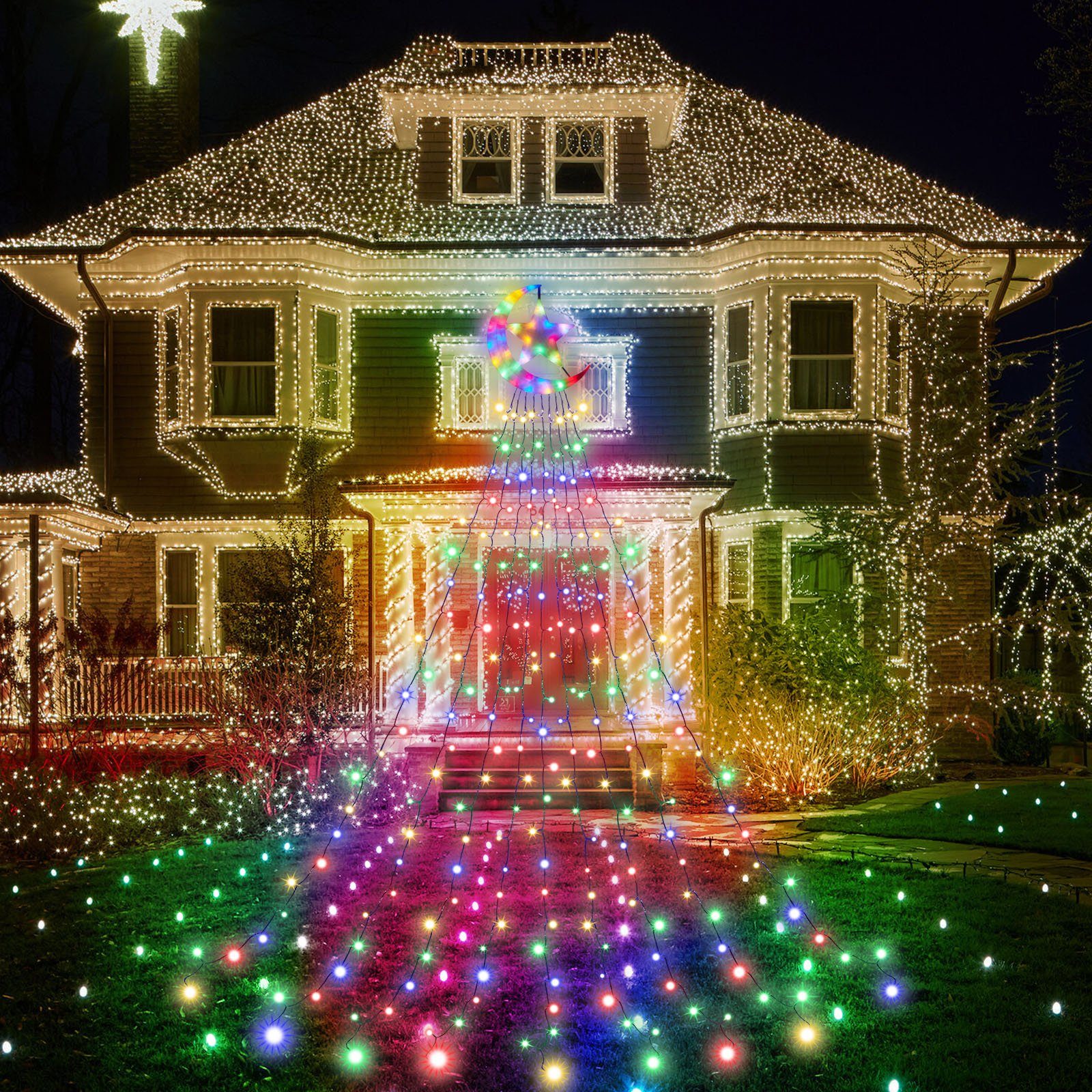 Laybasic Moon mit Topper Star,350 350-flammig, LED-Lichterkette Wasserdicht LEDs, Mehrfarbig Christbaumbeleuchtung,8-Modi,Timer,IP44 Lichterkette Weihnachtsbaum LED