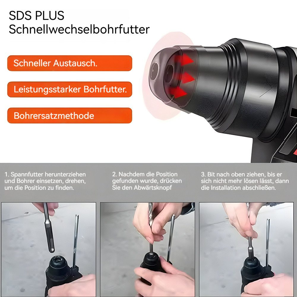 PODOFO Akku-Bohrhammer Multifunktionaler Akku-Bohrhammer Bürstenloser Elektro-Bohrhammer, 4 in 1 Funktionen, 26 mm, für den Heimgebrauch und Bauarbeiten