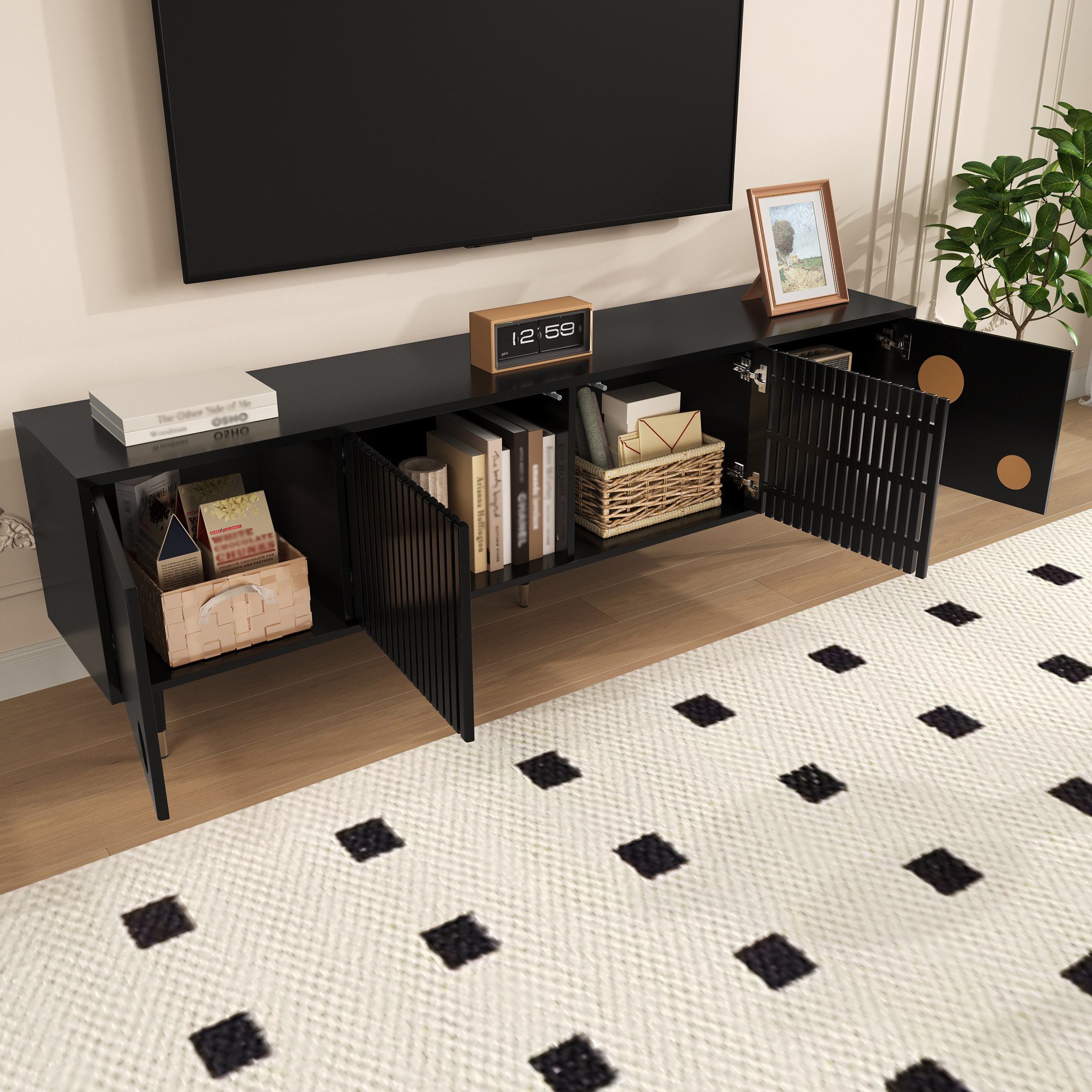 Merax Lowboard mit Goldakzenten (1 St., 170 L x 36 B x 54 H(cm), TV-Schrank mit 4 Türen,Kippschutz,Stauraum & verstellbare Metallfüße
