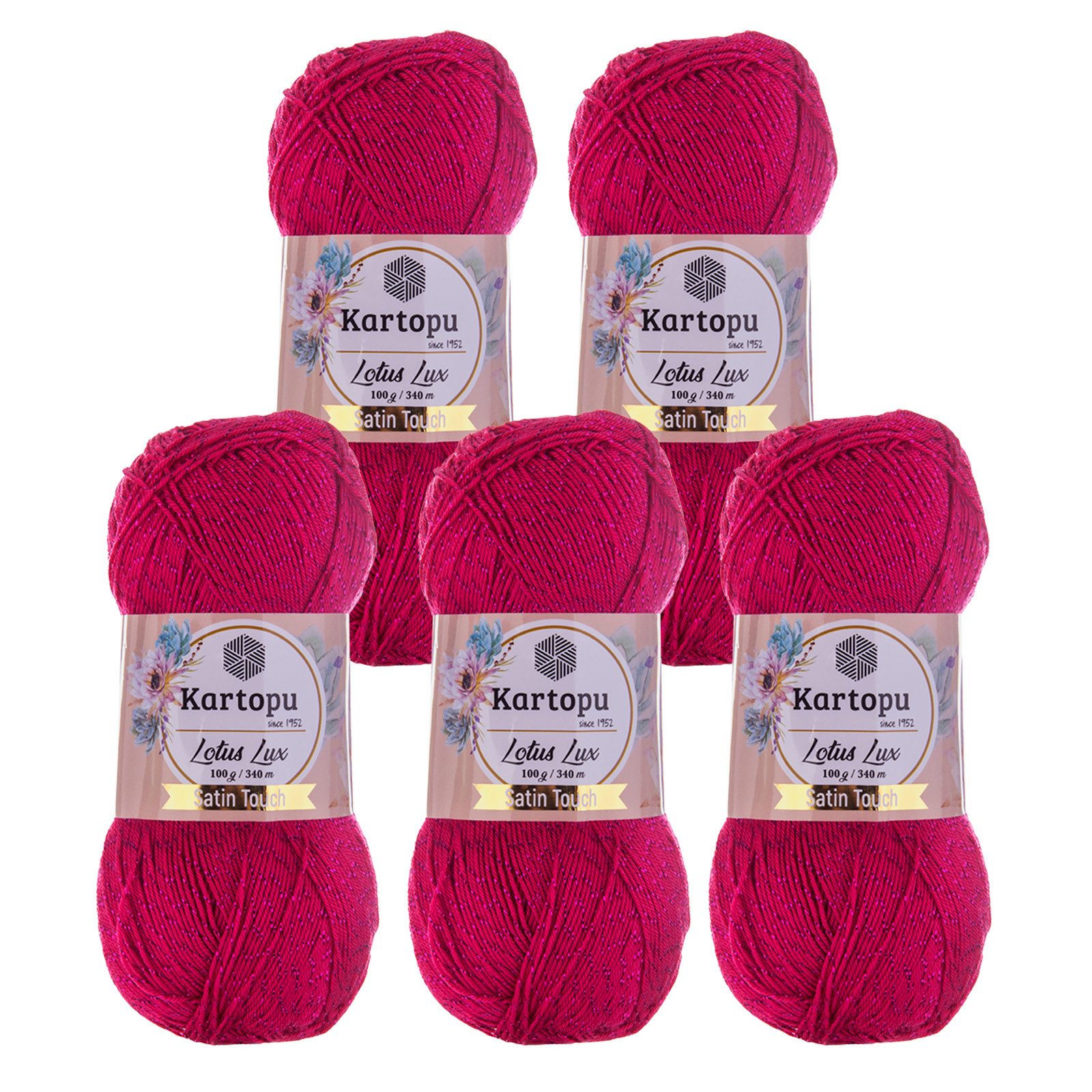 Kartopu 5 x 100g Glitzerwolle Kartopu Lotus Lux Unifarben Häkelwolle, 340 m, K141 magenta