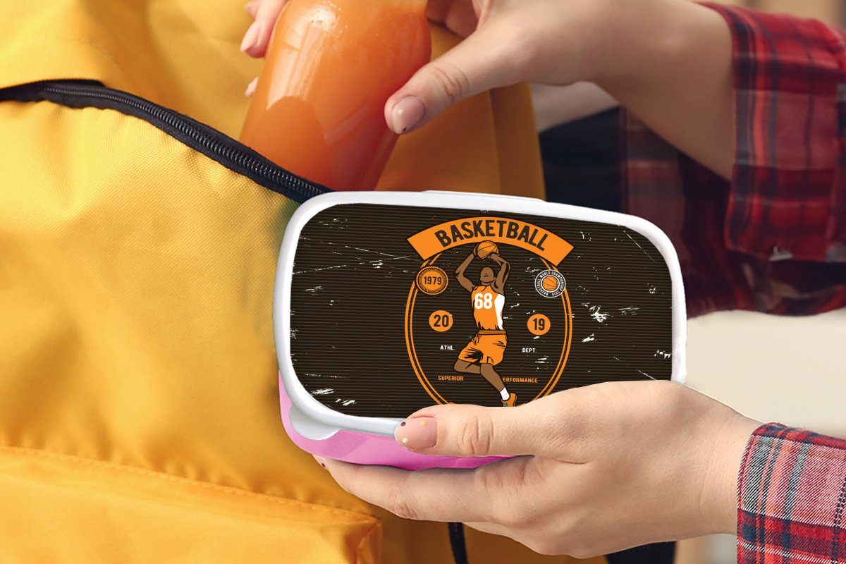 MuchoWow Lunchbox Schwarz, Erwachsene, Kinder, Retro rosa - Mädchen, Kunststoff (2-tlg), Orange - Brotbox - Brotdose für Basketball Snackbox, - Mancave Kunststoff