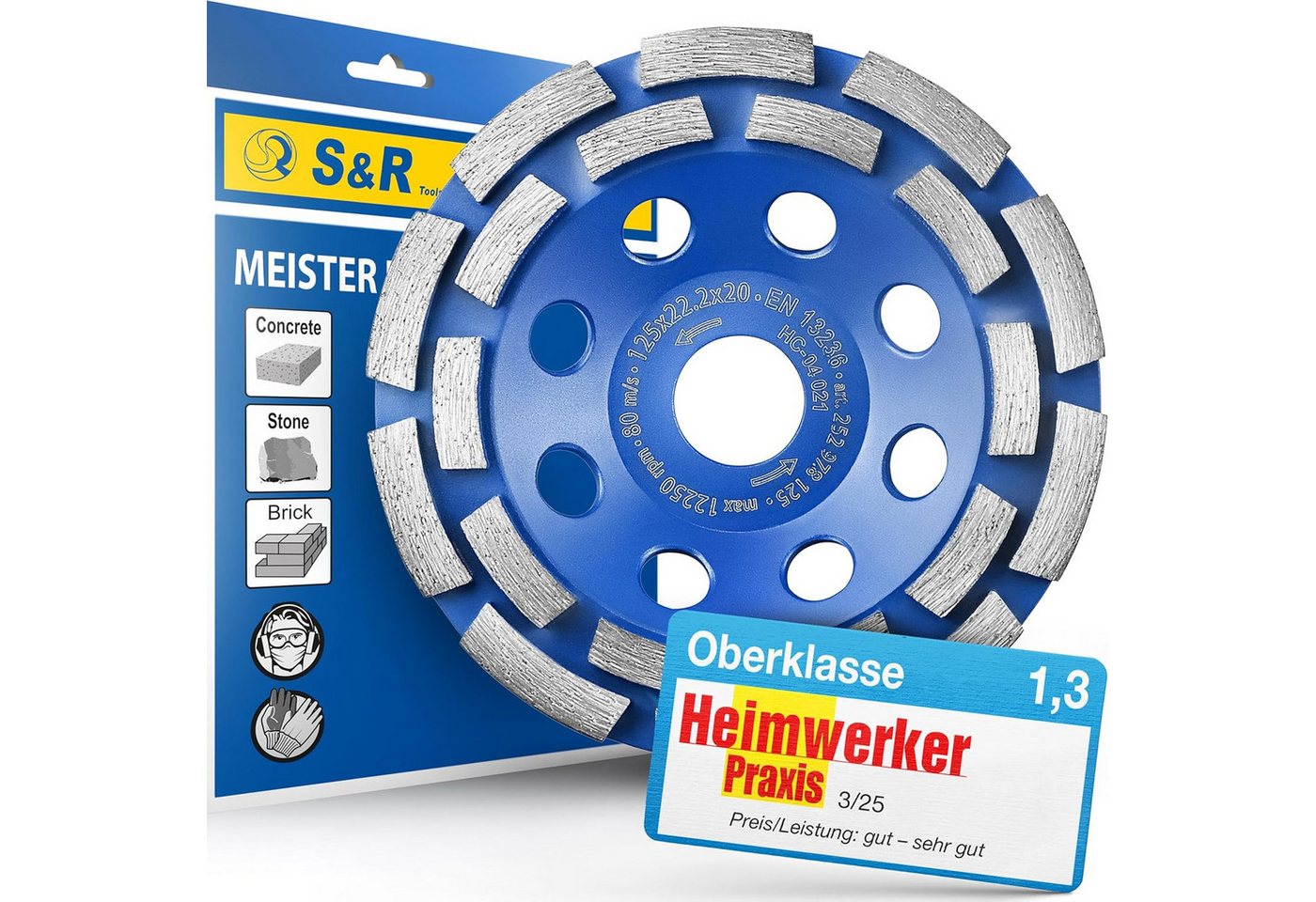 S&R Schleifscheibe Diamant-Schleiftopf 125 x 22,23 mm für Beton, Granit, Stein, Mauerwerk, (1 x S&R Diamantschleiftopf 125 mm Premium-Produktreihe, doppelreihig, 1 x S&R Diamantschleiftopf 125 mm Premium-Produktreihe, doppelreihig), 2-reihig, verbesserte
