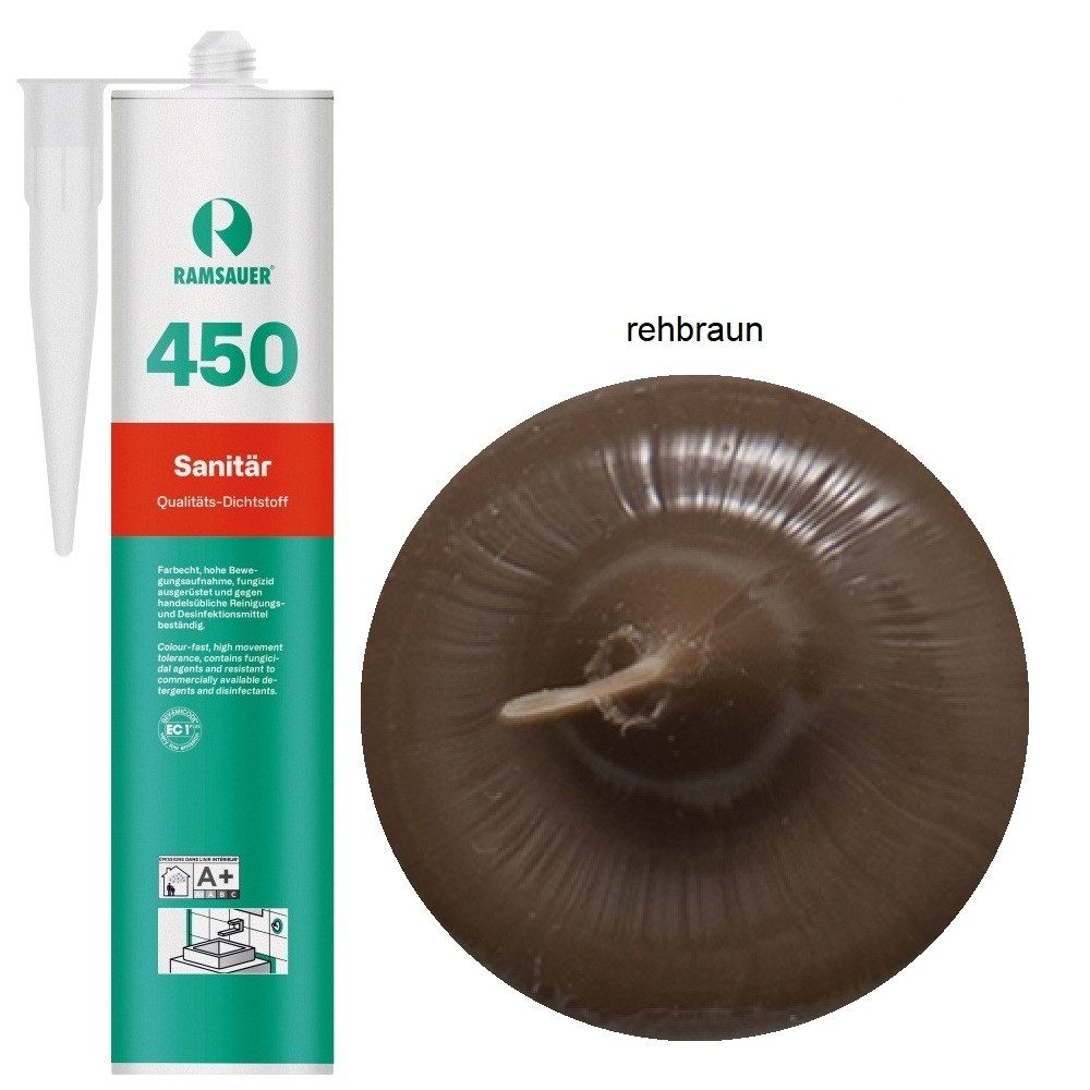 Ramsauer Dichtstoff Ramsauer 450 Sanitär Silikon Dichtstoff 310ml Kartusche rehbraun, gebrauchsfertig, chemisch widerstandsfähig, schnellhärtend, UV-beständig, pilzhemmend