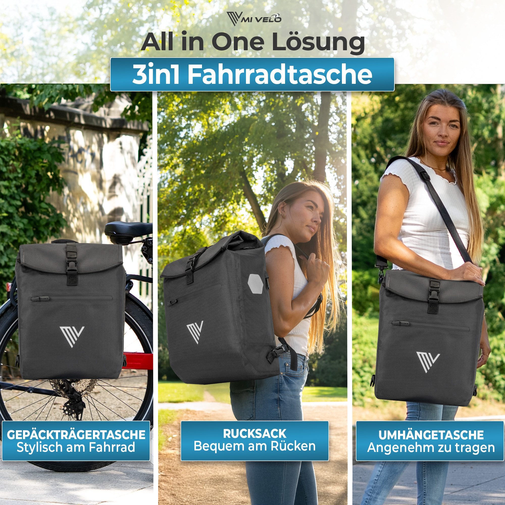 MIVELO Fahrradtasche Gepäckträgertasche mit Rucksackfunktion 100 % wasserdicht, inkl. Gepolstertem Laptopfach