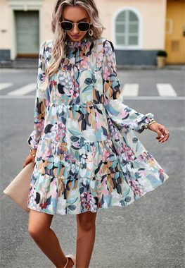 ZWY Sommerkleid Damen Frühlingskleid, elegant, bedruckt, langärmelig, kurz (Kleider, Frühlings- und Sommerkleider, Damenbekleidung)