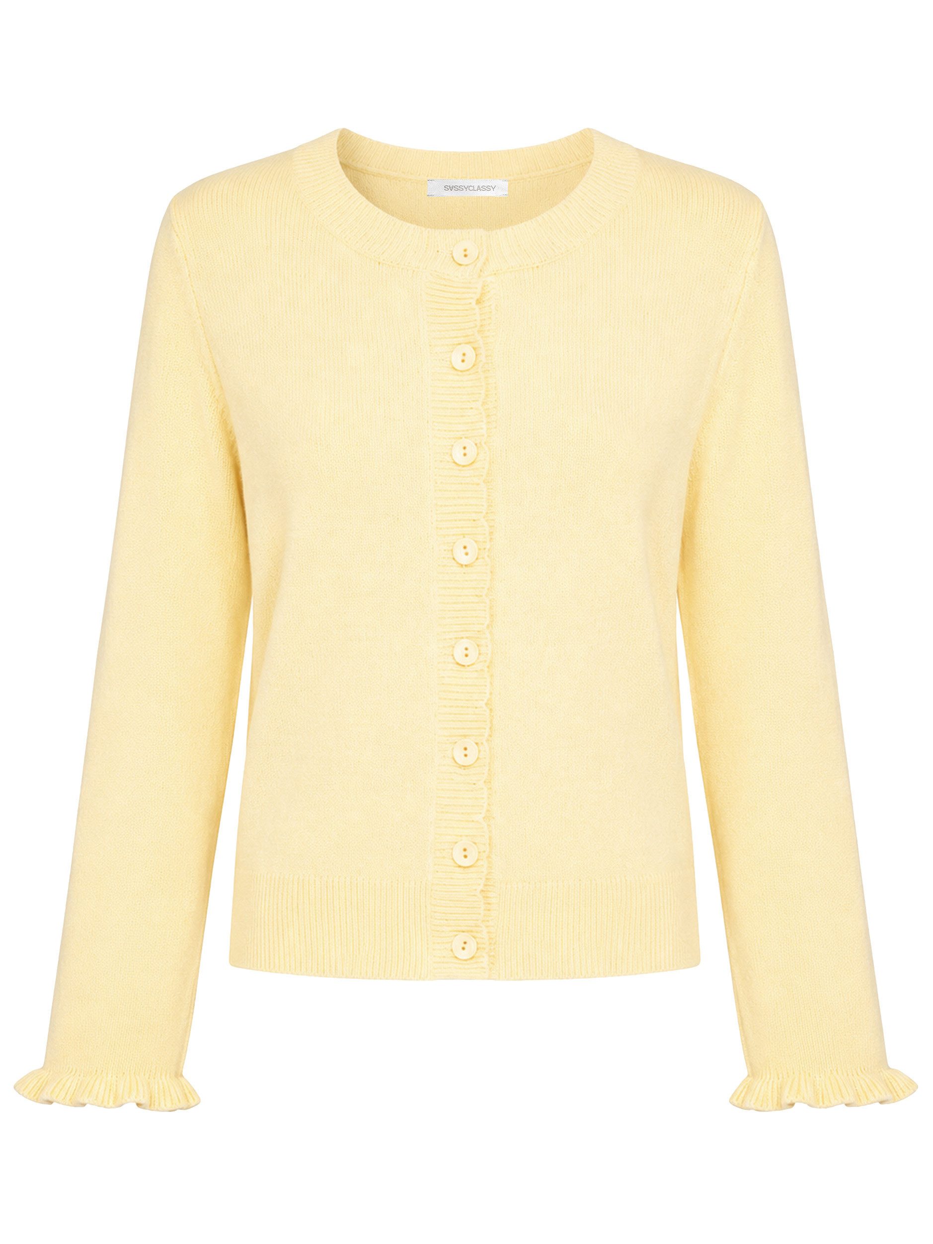 SASSYCLASSY Cardigan Strickjacke mit Volants für Damen Verspielter Cardigan mit Knopfleiste und gerippten Bündchen