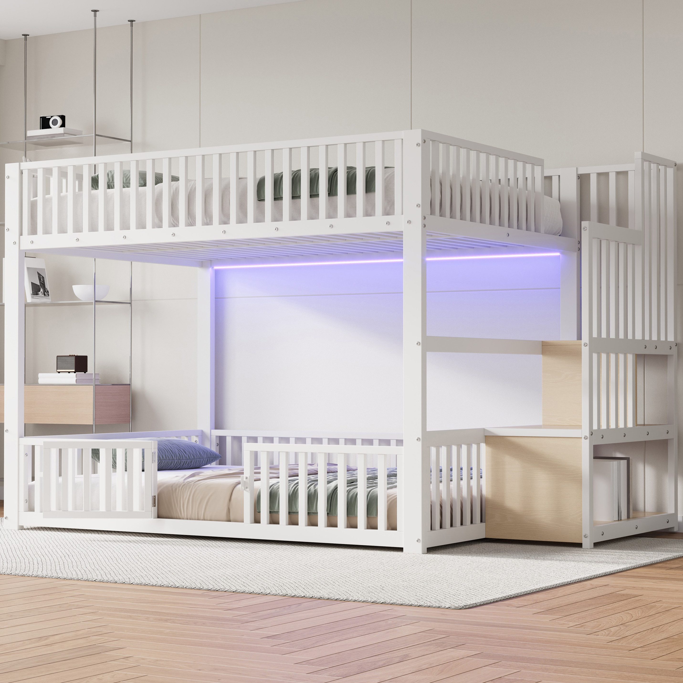 Merax Etagenbett mit LED-Beleuchtung (Jugendbett für Kinderzimmer, Gästezimmer, 1-St), Metallbett Kinderbett 140x200cm mit Stauraumleiter, Schutzgittern, Tür