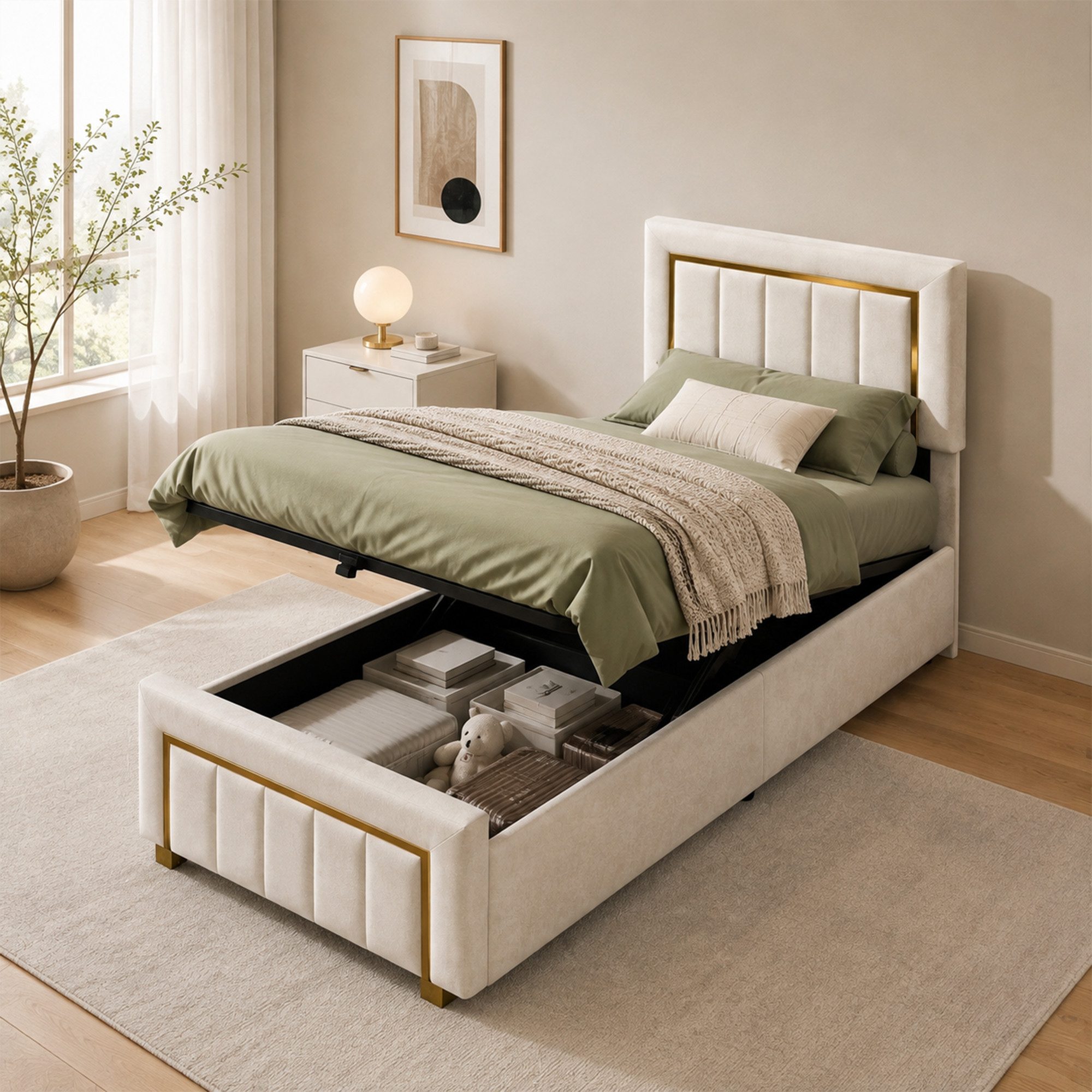 Simurq Stauraumbett Polsterbett 90x200 mit Bettkasten, Einzelbett für Schlafzimmer, Samtoptik Bett mit hydraulischem Stauraum, gepolstertes …