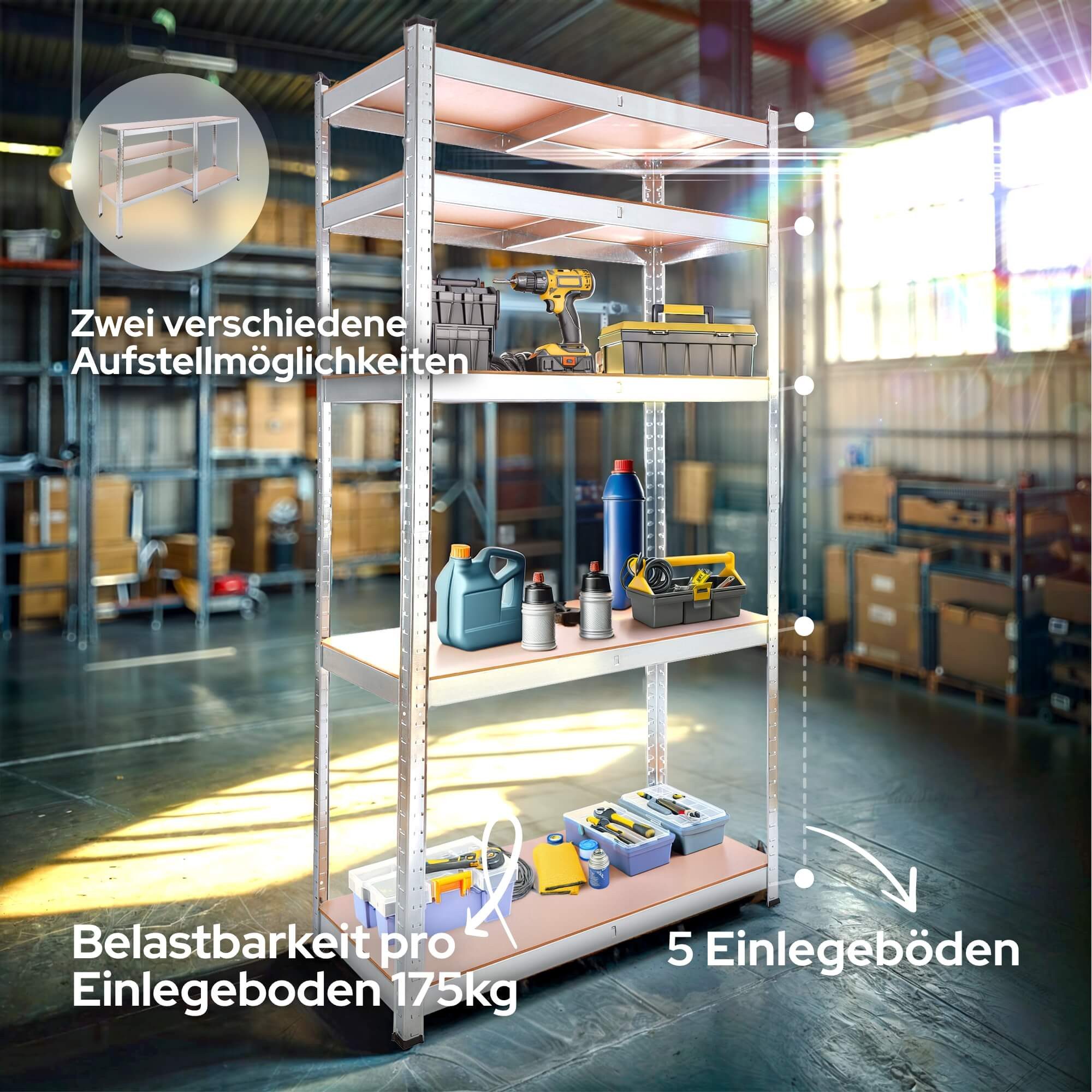 Arebos Schwerlastregal 180x90x40 cm, 5 Böden, 875 kg Traglast, Steckregal, Lagerregal, Stück 2-tlg., Flexibel einsetzbar: für Werkstatt, Garage, Keller oder Lager