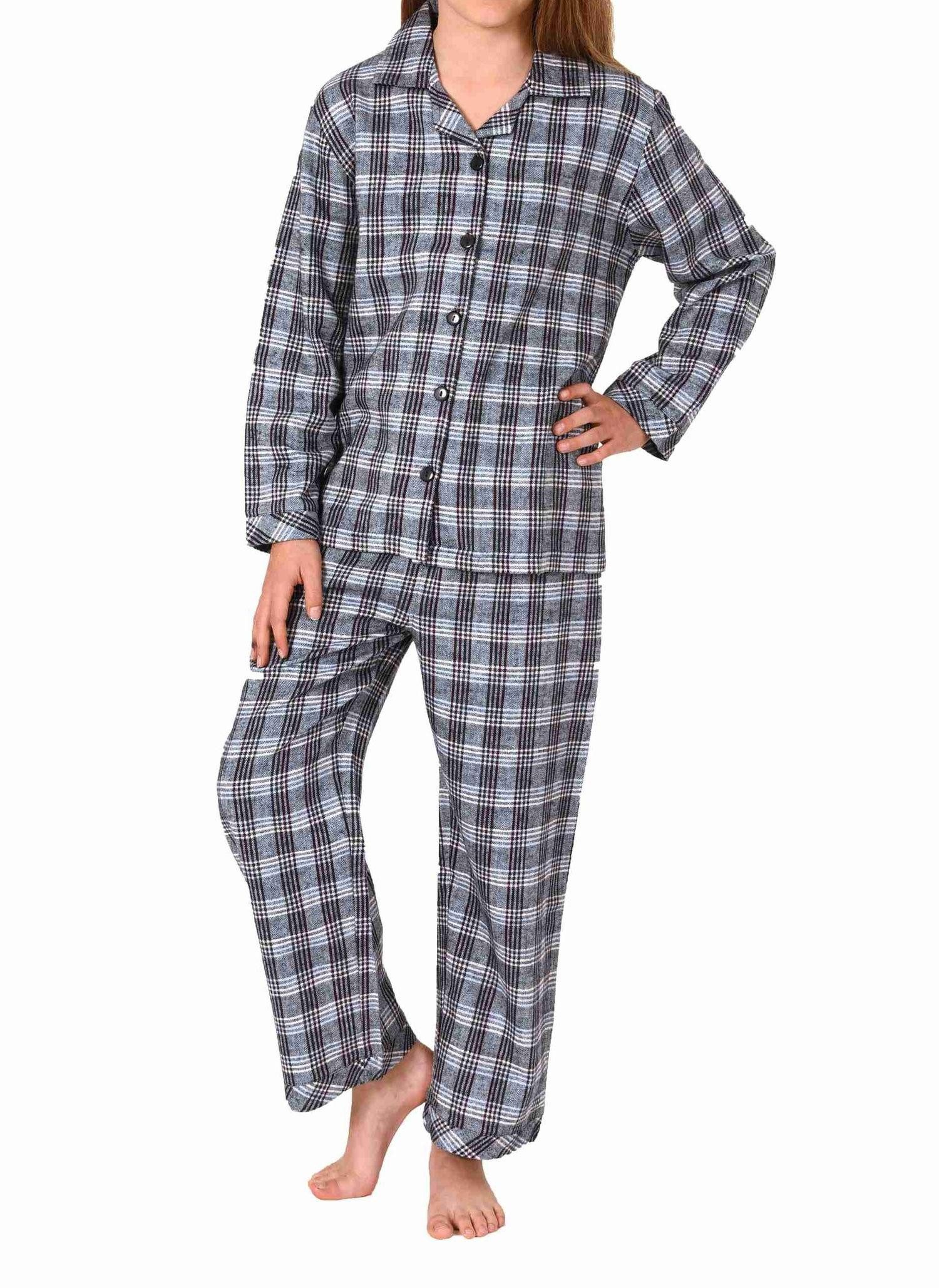 Pyjama Mädchen langarm Flanell Schlafanzug in Karo Optik zum durchknöpfen