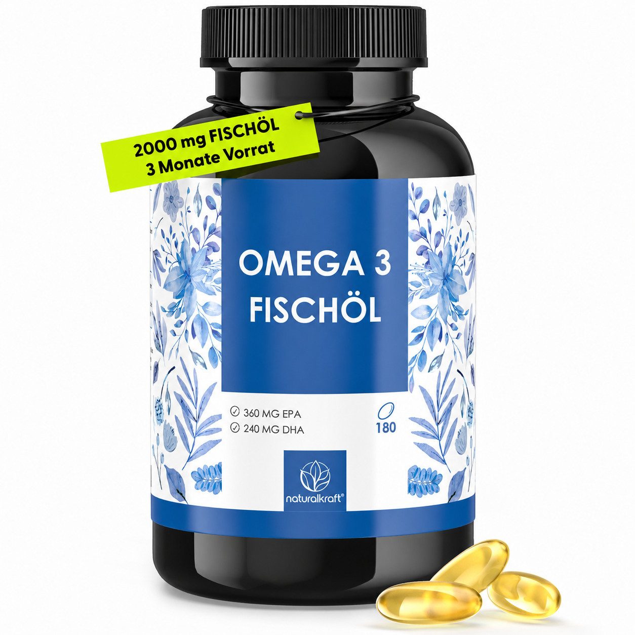 Naturalkraft Omega 3 Fischöl 2000 mg – 180 Kapseln, hochdosiert & geprüft Weichkapseln, 234 g
