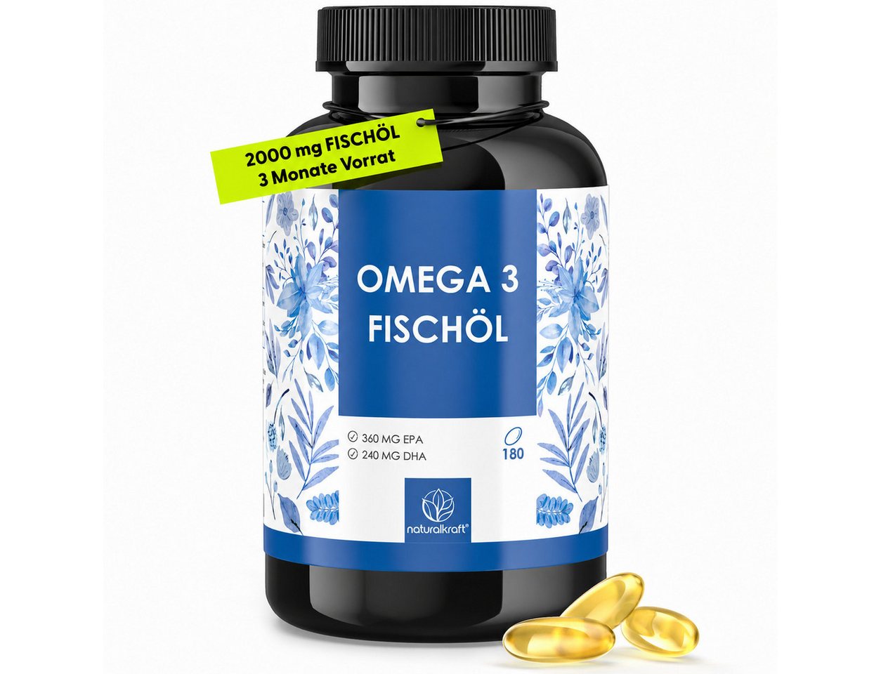 Naturalkraft Omega 3 Fischöl 2000 mg – 180 Kapseln, hochdosiert & geprüft Weichkapseln, 234 g