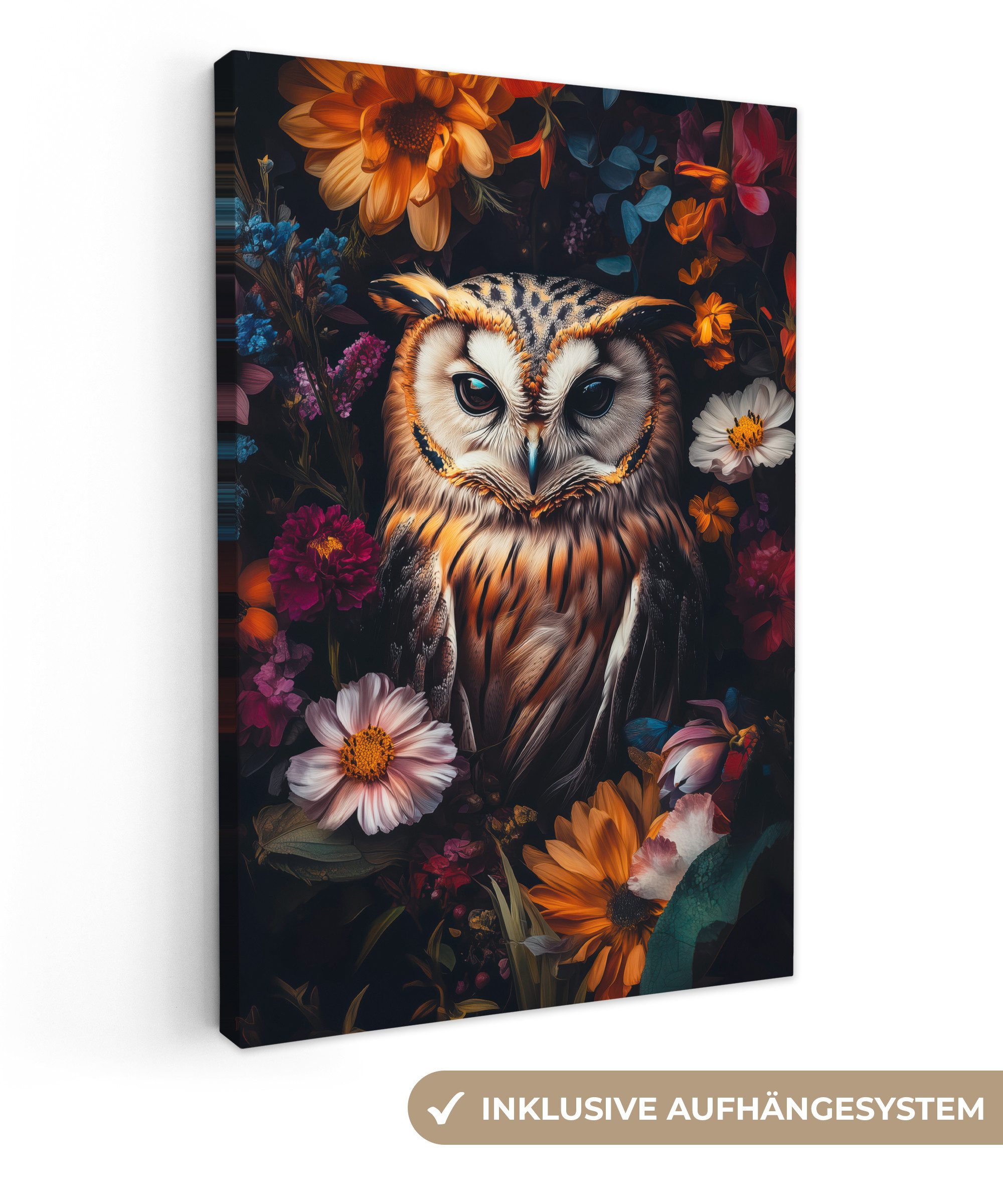 Leinwandbild Eule - Blumen - Farbenfroh - Natur