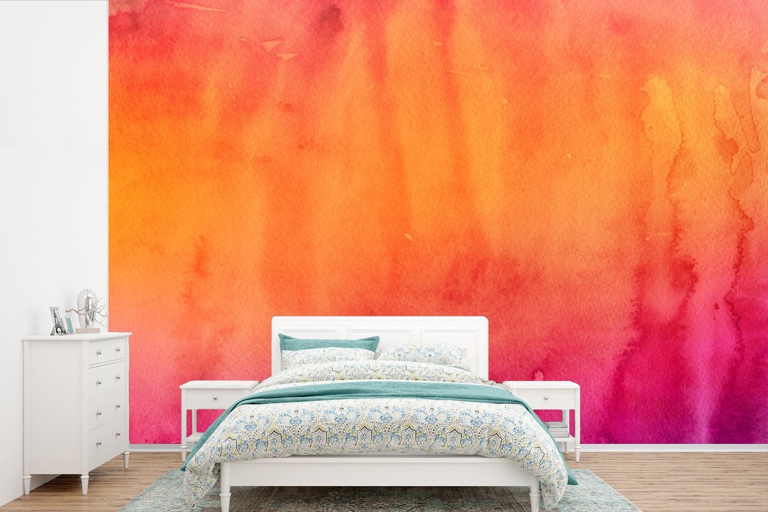 MuchoWow Fototapete Aquarell - Rosa - Orange, Matt, bedruckt, (6 St), Wallpaper für Wohnzimmer, Schlafzimmer, Kinderzimmer, Vinyl Tapete