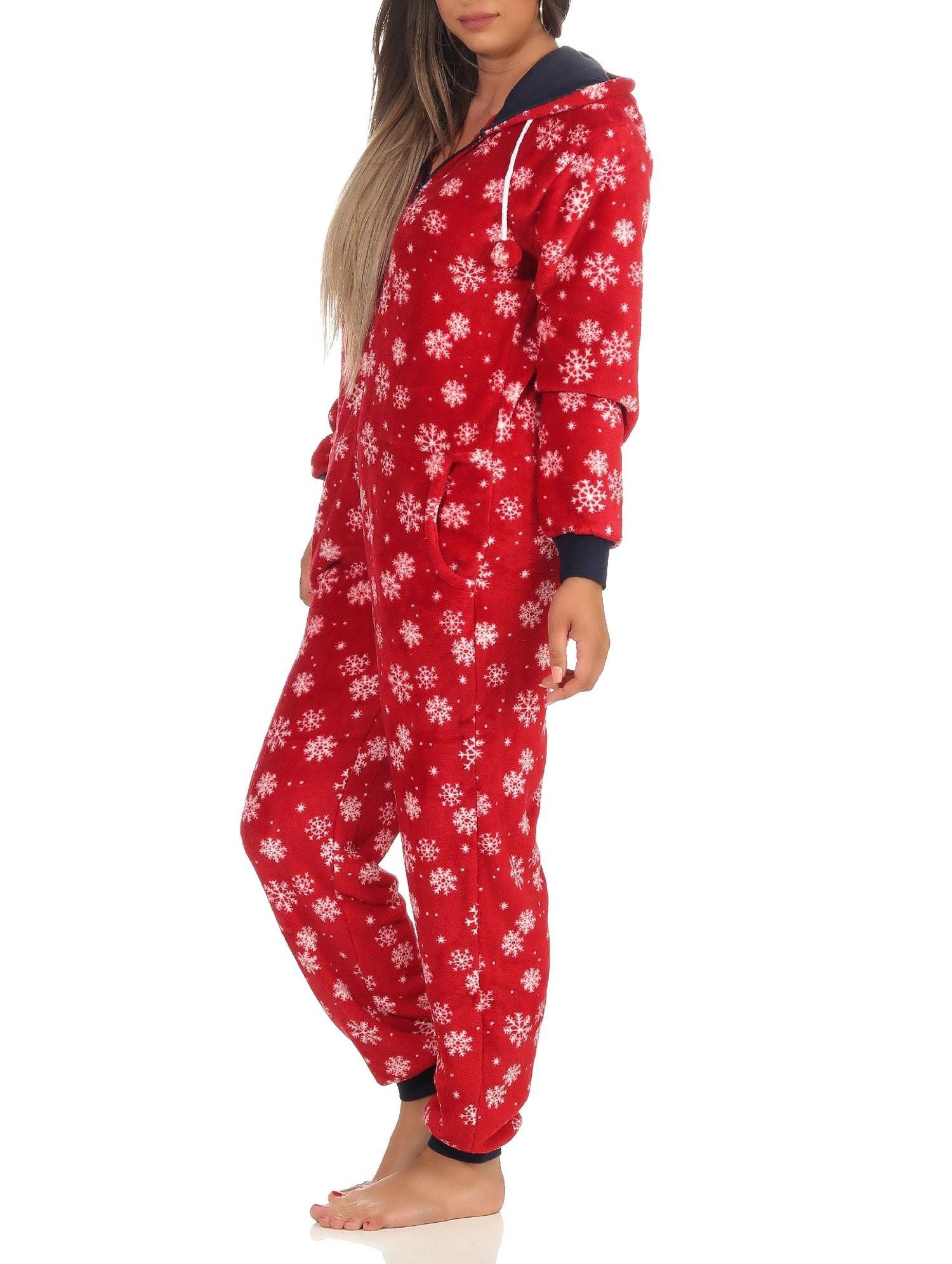 Normann Pyjama Wunderschöner Damen Jumpsuit Overall mit Kapuze im winterlichen Look