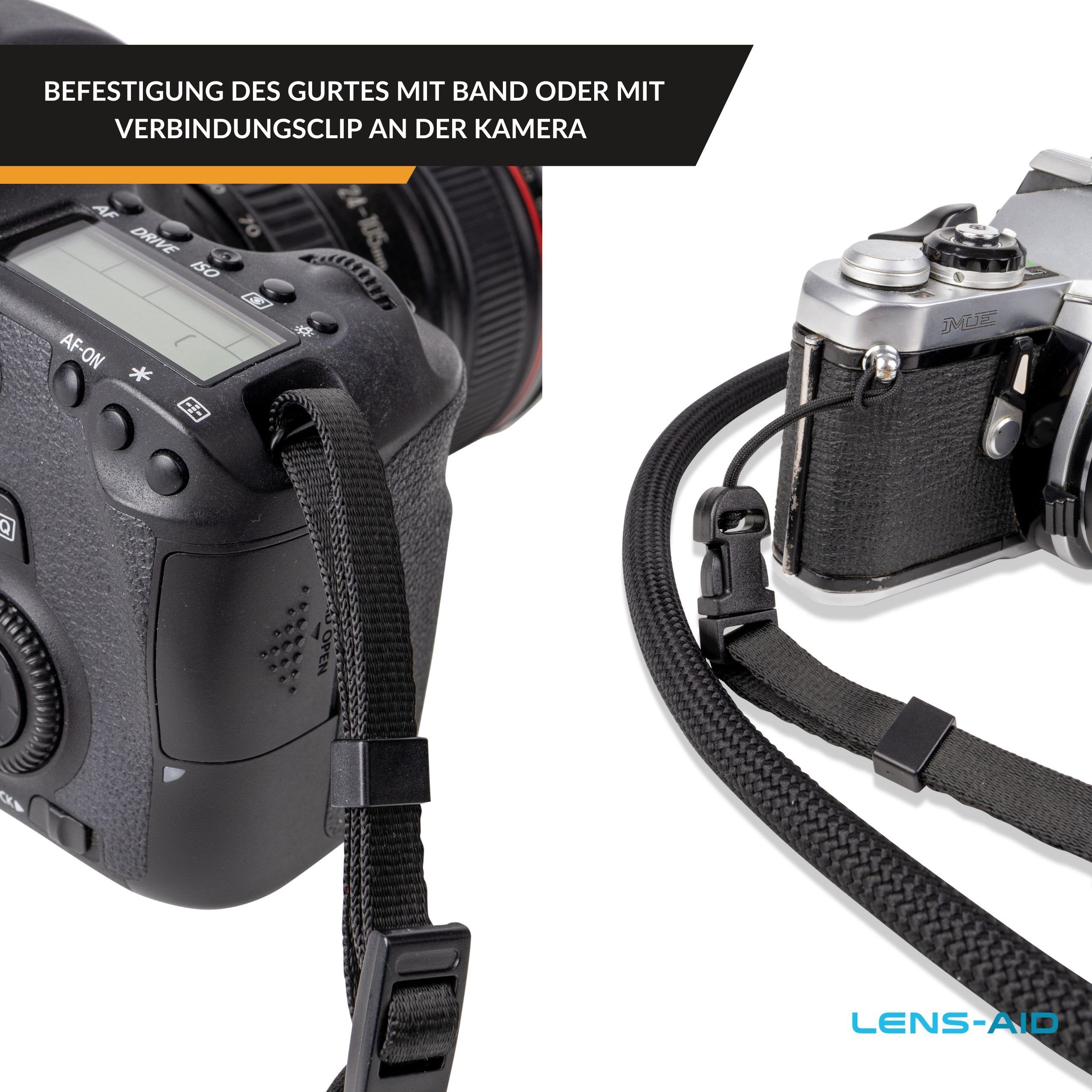 Lens-Aid Kamerazubehör-Set Kameragurt für Ösen, zur Befestigung Kameraösen (2 kleinen an tlg), schmale in kleine Seil-Optik Nylonband oder