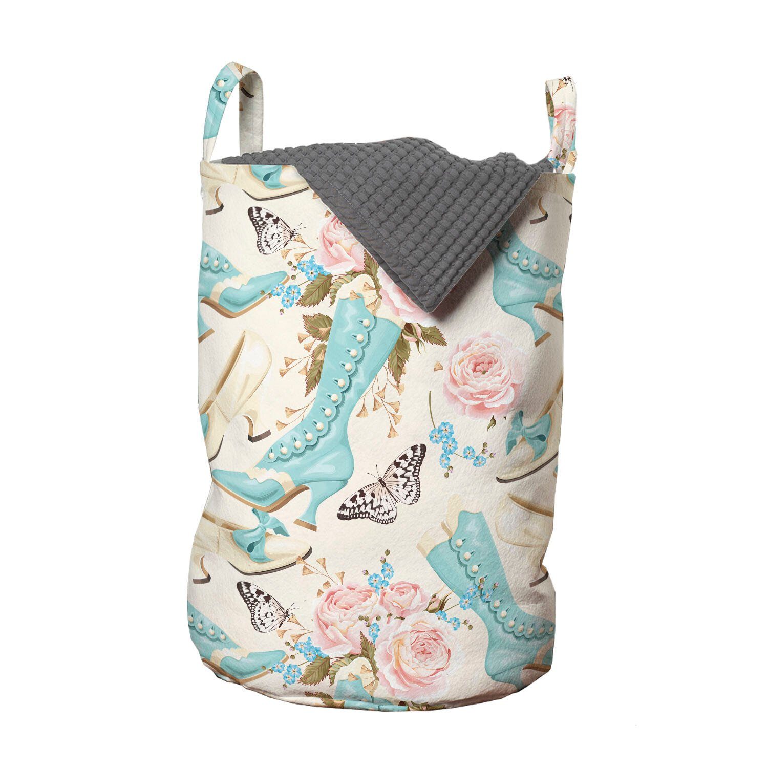 Abakuhaus Wäschesäckchen Wäschekorb mit Griffen Kordelzugverschluss für Waschsalons, Feminin Schuhe Rosen Schmetterlinge