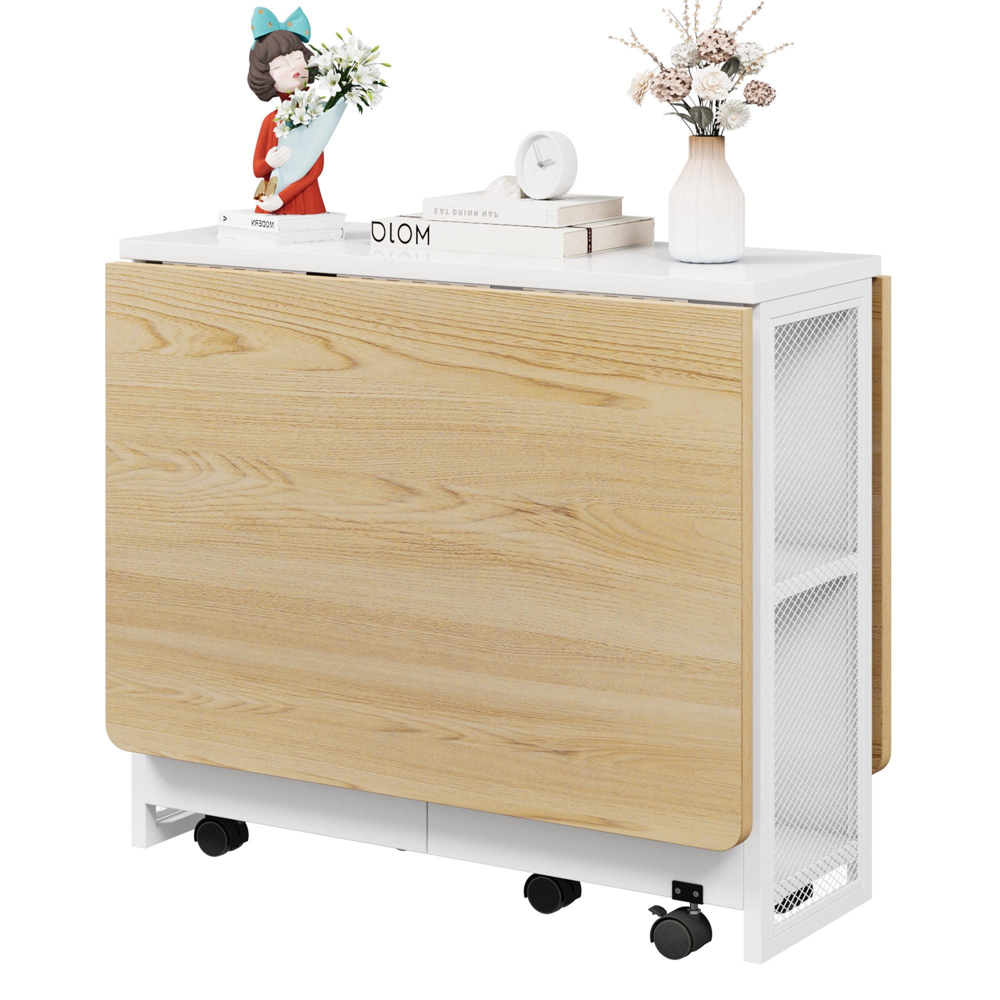 GarveeMore Esstisch Klappbarer mit 2 Ablagefächern,ausziehbarer,für kleine Räume, vielseitiger Klapptisch für Küche und Büro,Schreibtisch,Esszimmermöbel