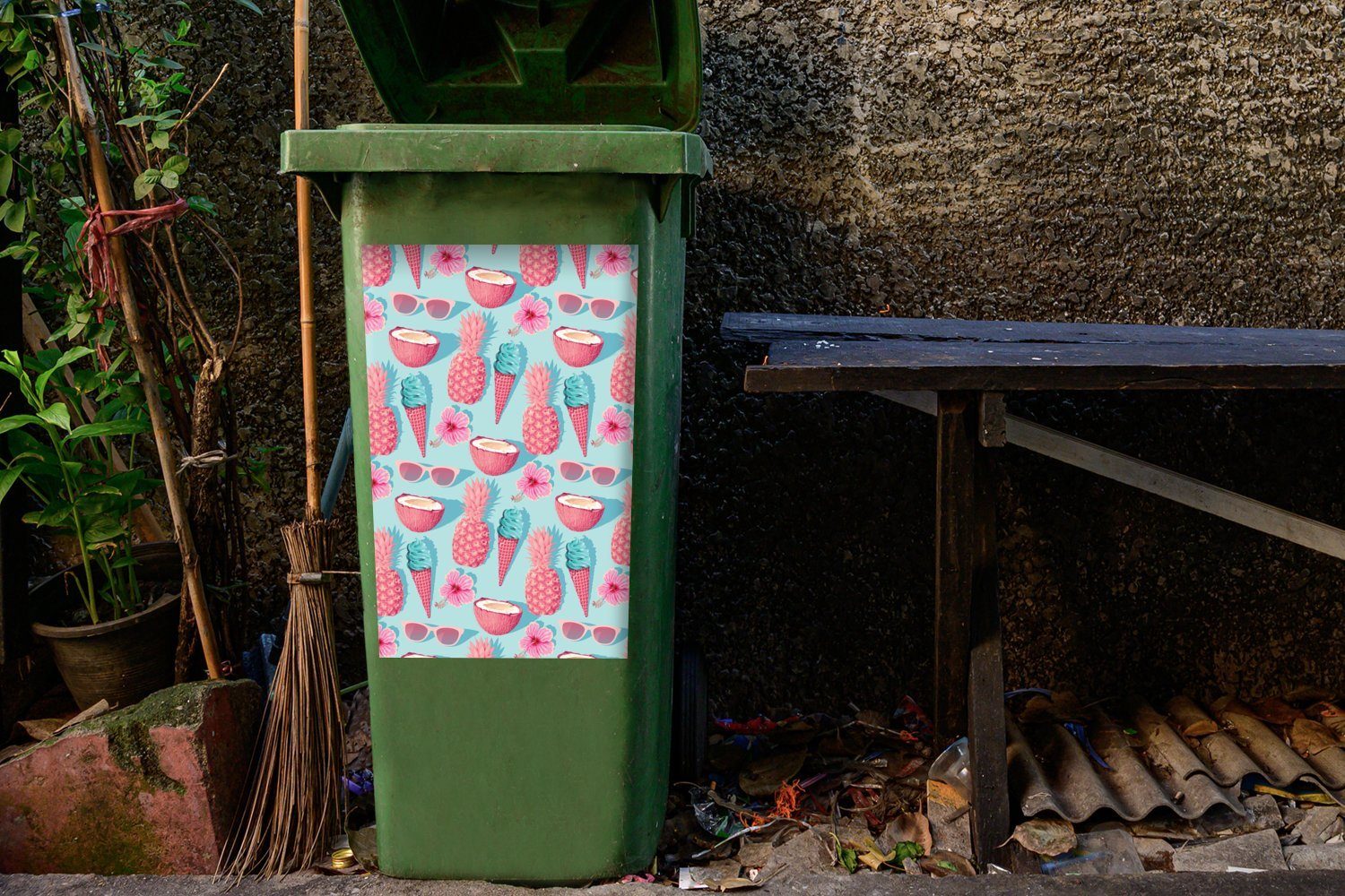 Wandsticker - Sticker, Blau Container, Sommer - Abfalbehälter St), (1 Rosa Mülleimer-aufkleber, MuchoWow Mülltonne,