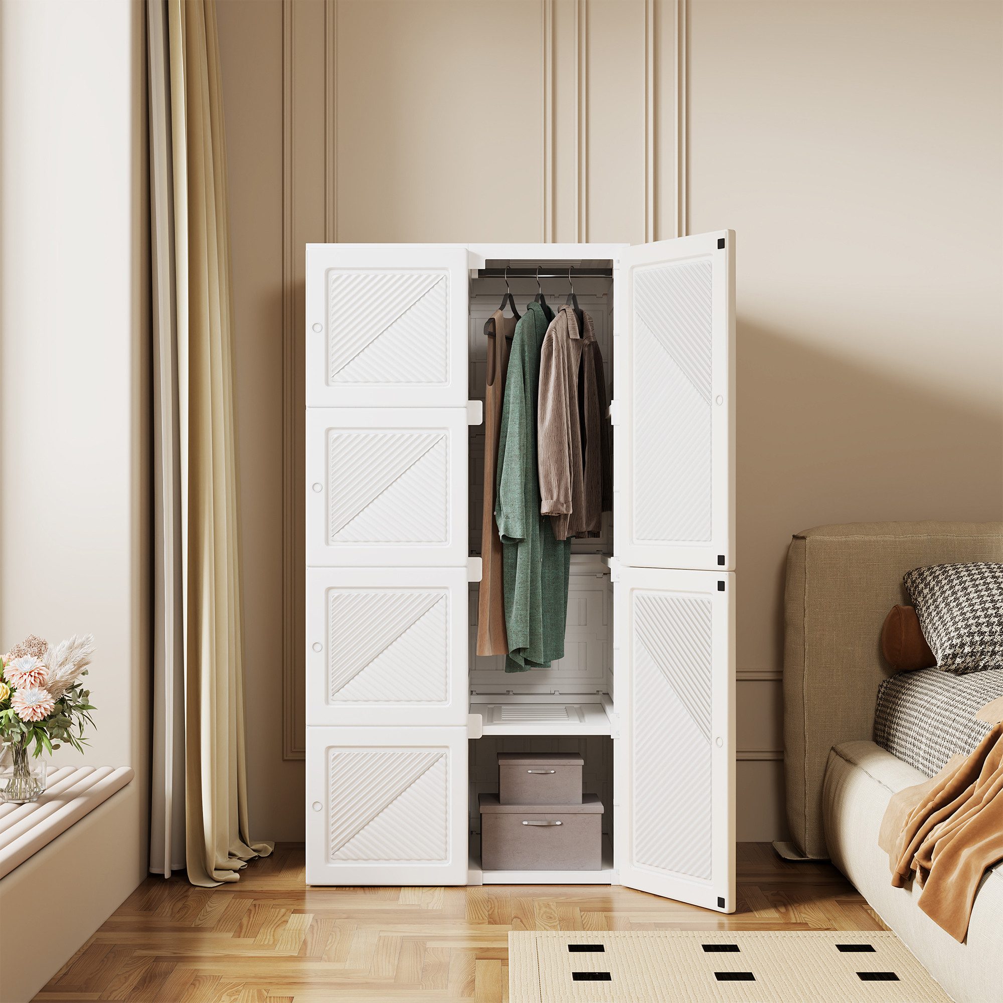 Gdood Kleiderschrank Faltbarer Garderobenschrank mit Stauraum für Schlafzimmer und Flur (1-St., 6 Fächer, 2 Türen, 1 Kleiderstange, 69 x 50 x 136 cm) Mit Kleiderstange, Versteckter Türgriff