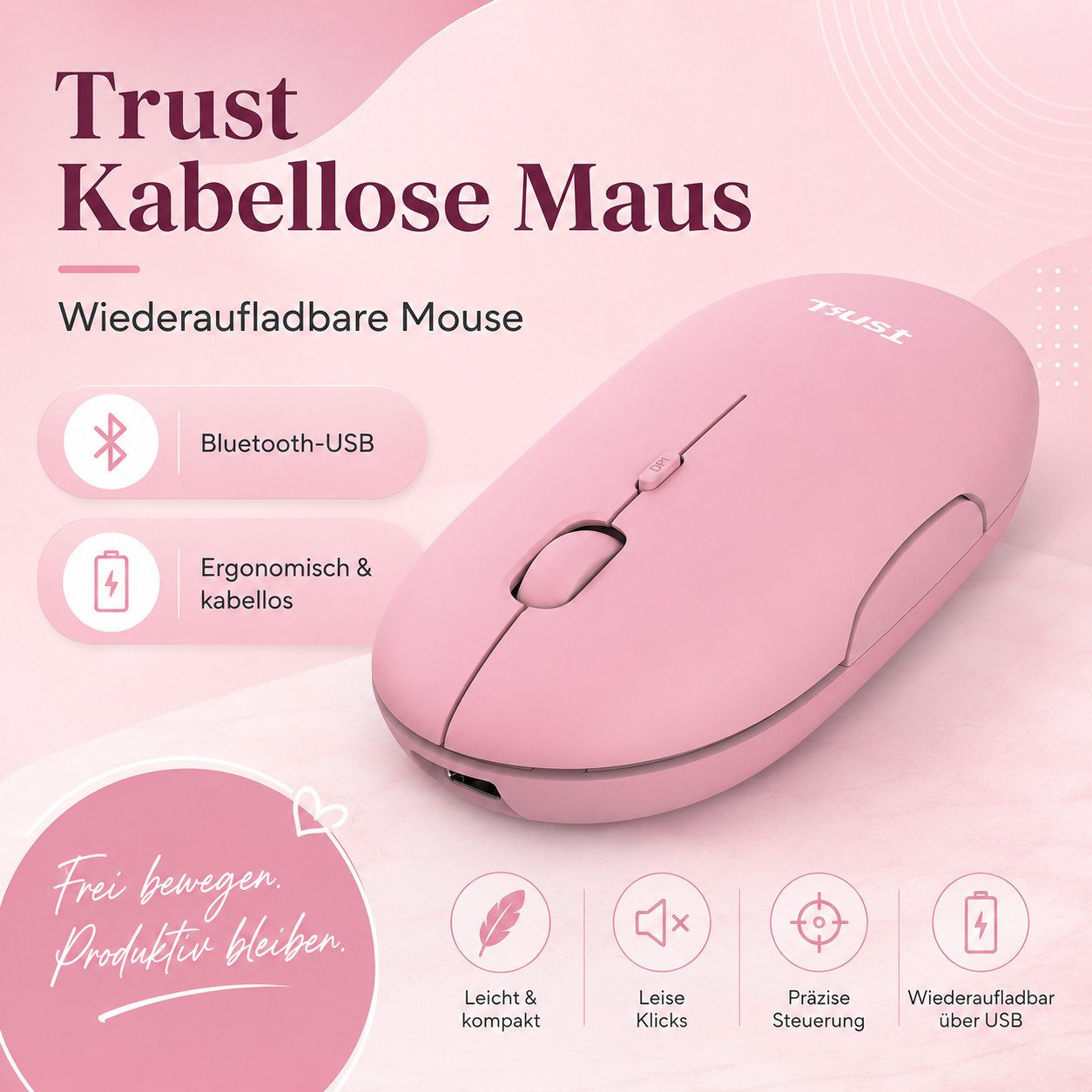Trust Kabellose Maus Wiederaufladbar Bluetooth USB Funkmaus Computermaus Maus (Wireless Mouse Ergonomische PC Maus Laptop Notebook Office Büro)