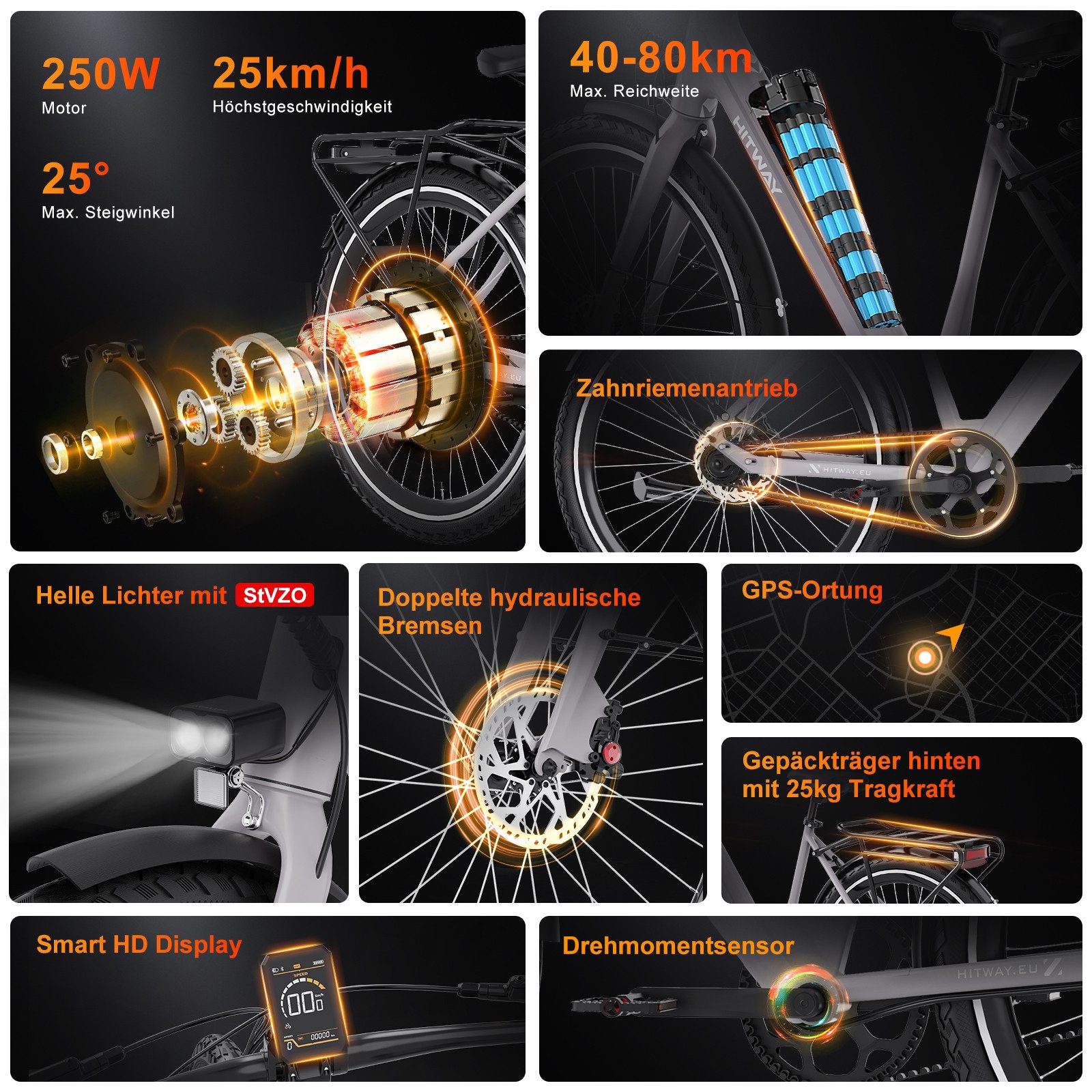 HITWAY E-Bike City Bike 29 inch Electric Bicycle max. range up to 80km with anti-theft protection and GPS, 1 gear, 250W rear motor, 374.4 Wh, StVZO compliant e-city bike, pedelec with torque sensor, app