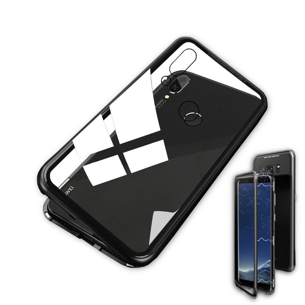 Wigento Handyhülle Für Huawei Mate 20 Pro Magnet / Metall / Glas Case Bumper Schwarz / Transparent Tasche Hülle Neu