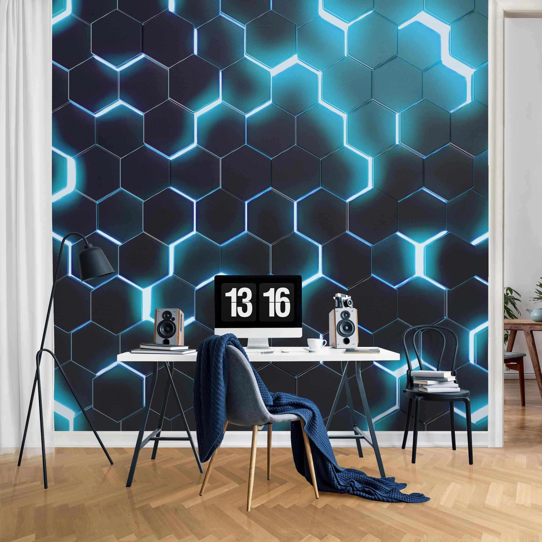 Bilderdepot24 Mustertapete Hexagone Neonlicht Türkis 3D-Optik Muster Neon Art Gaming schwarz, Glatt, Matt, (Vliestapete inkl. Kleister oder selbstklebend), Jugendzimmer Gaming Zimmer Tapete Wohnzimmer Vliestapete Wandtapete